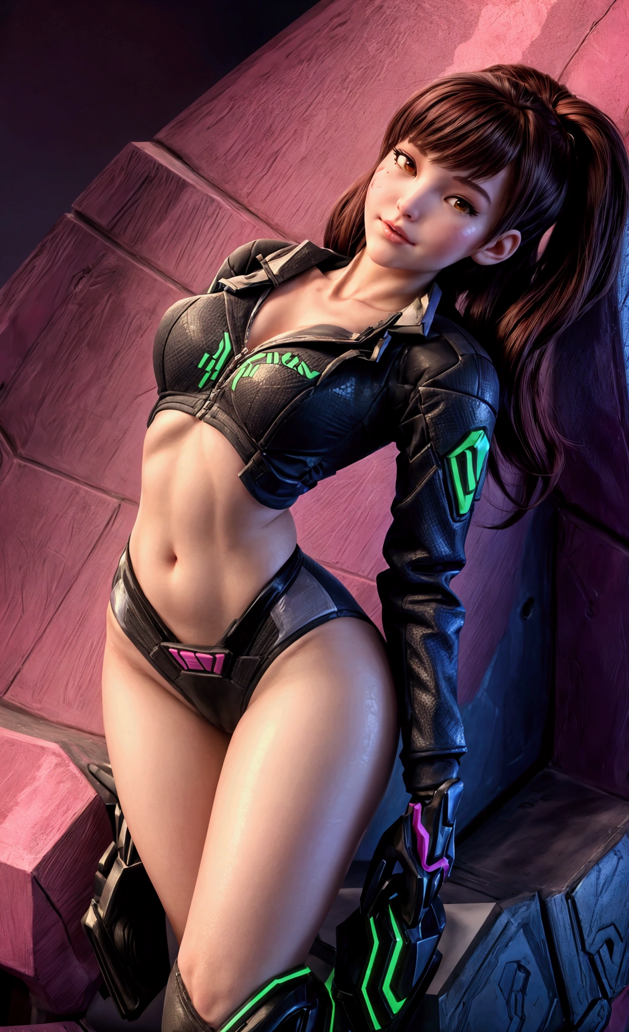 dva, Girl, , sexy pose, narrow thin waist, hips, legs, masterpiece, realistic skin, beautiful shape, dva's cloth