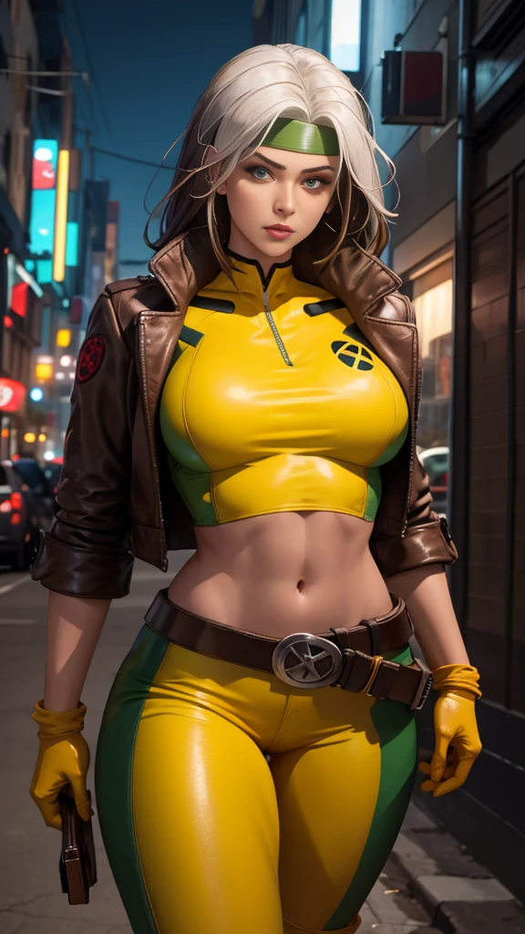 (high quality, work of art, detailed), night city detailed scenario, night city detailed background,  20 years old, Alone, multicolored hair, white hair, brown hair, superhero, On your own, Extremely, blue eyes, jacket, open clothes, belt, open jacket, headband, short legs, leather, leather jacket, green pants, yellow pants, yellow leather top, green leather top, short top, navel, perfect face, beautiful eyes, perfect eyes, looking at the viewer, pose sexy