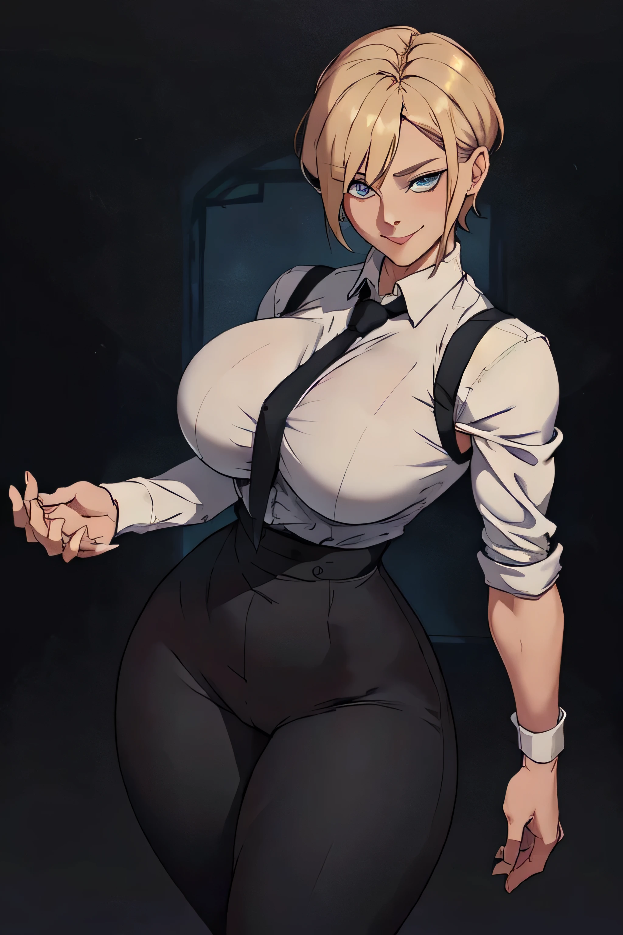 Girl with short blonde hair, blue eyes, wearing a black collared shirt, with a white vest and tie, breasts, defined waist, thick thighs, wearing black pants, with open arms and smiling 