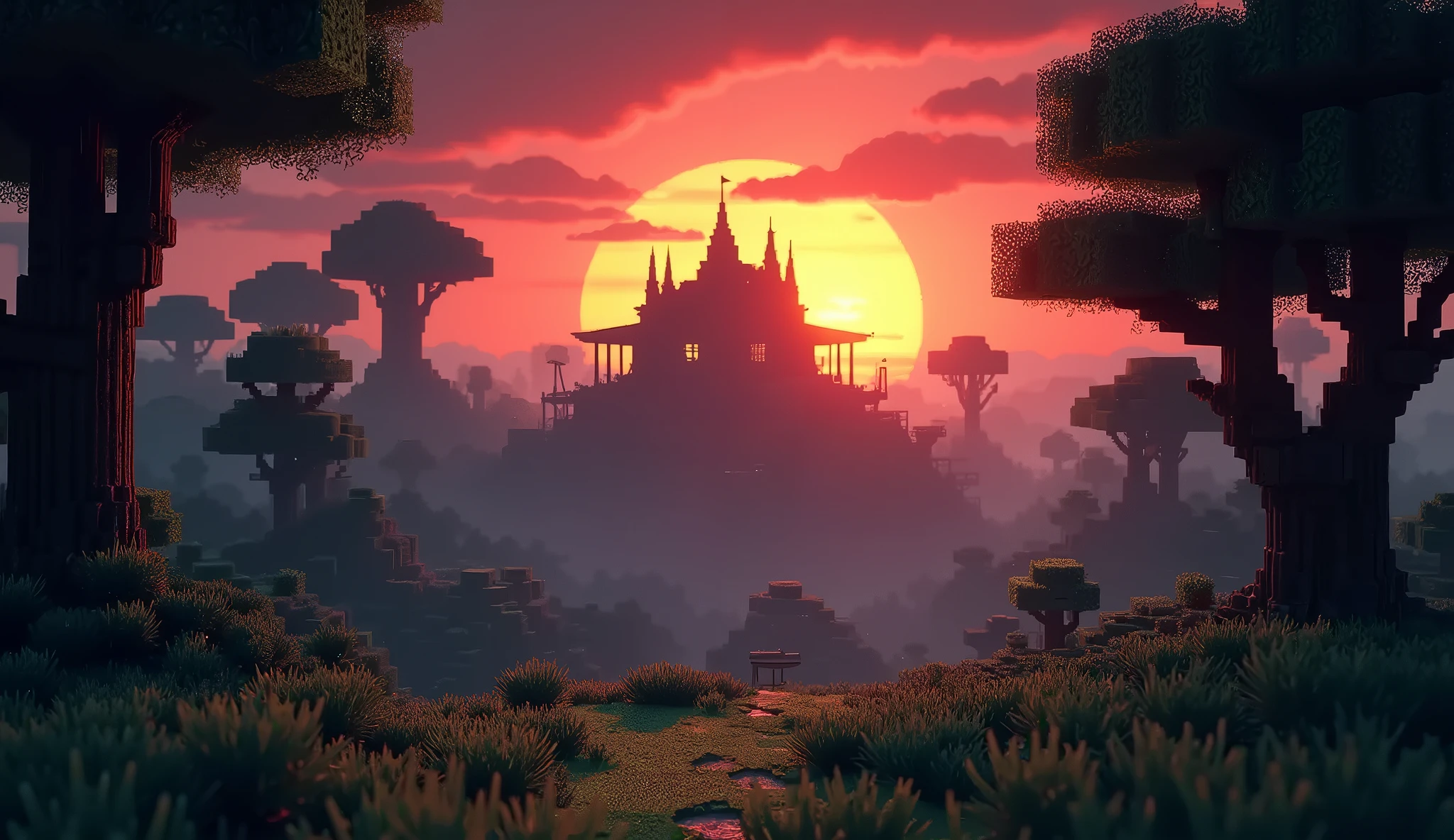 cartoon a landscape in minecraft with a dark house being built in the background with a sunset, 
with dark and suggestive atmospheres. Include elements like dense forests, huge house in the distance, and intriguing details like ancient maps and hidden treasures.