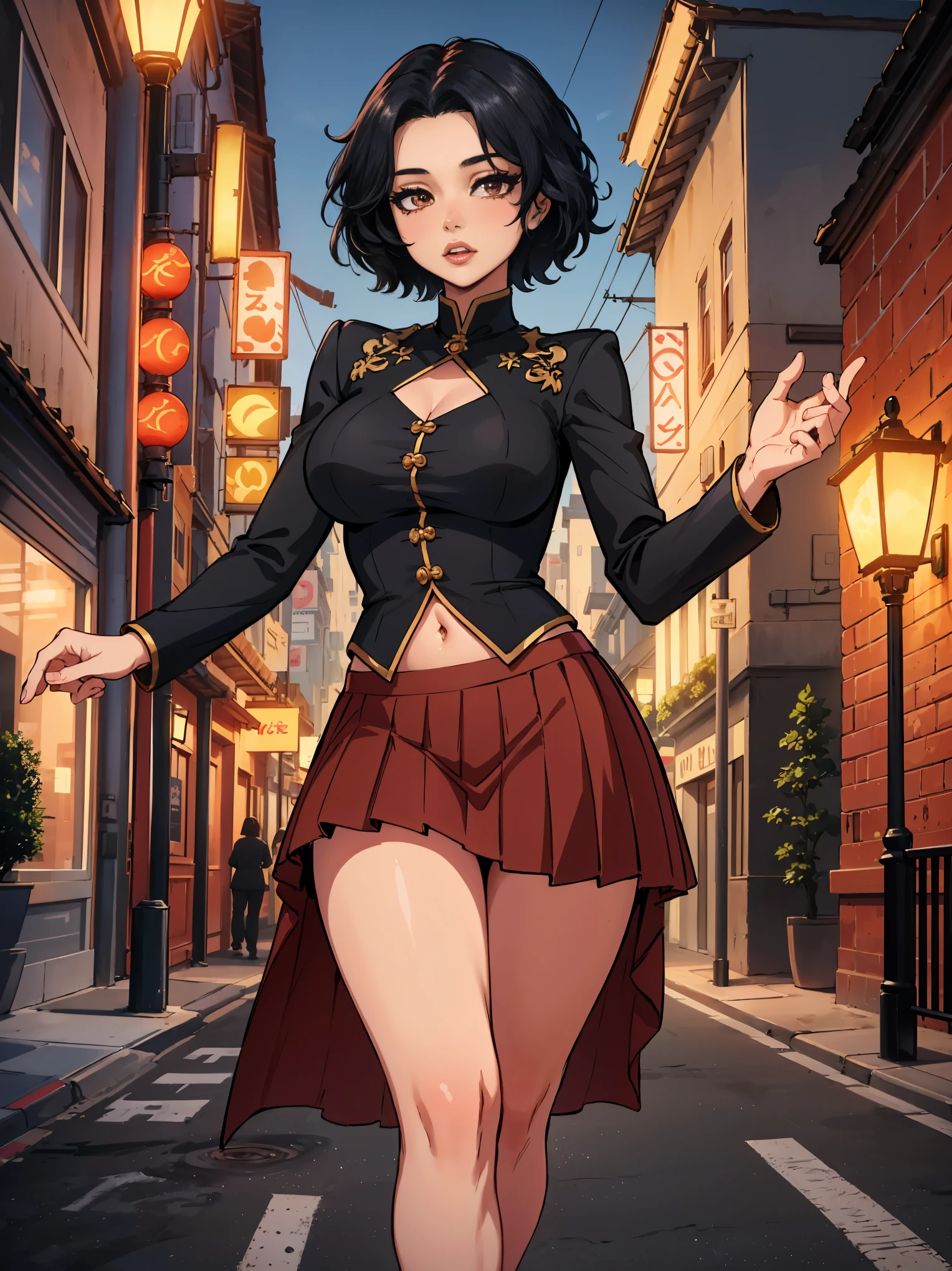 cute young Woman, short black Hair, Brown Eyes, Empress,pleated skirt suit,street lamps,neons,bustling street background,(navel:1.1,princess eyes), Nobility, Royalty, High Quality, Masterpiece, Highly Detailed, jenya.d 