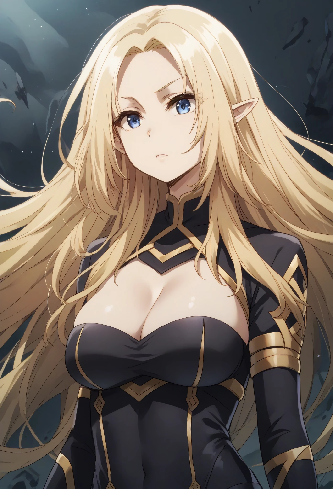 alpha, long hair, blue eyes, blonde hair, pointy ears, elf,big breast,upper body
cleavage, clothing cutout, cleavage cutout, bodysuit, black bodysuit,full body