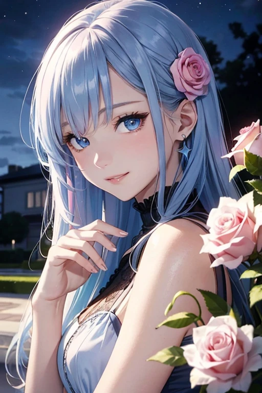 masterpiece、High resolution、High-quality images、8k, 1 female、Skin Radiance、Beautiful Eye Expressions、Shiny blue hair, Detailed manga style, Beautiful line art, K-POPアイドル, Beautiful Blue Eyes, Fuller lips, (Cute Smile),  (Detailed face), Half-up hairstyle, Glamorous Dress , corolla , cloud，null，night ,star, garden ,Pink roses are blooming in front of the building., beautiful flower garden, Pastel Rose, Pink Flower, aesthetic, Pale pink shade, Rose Background, 