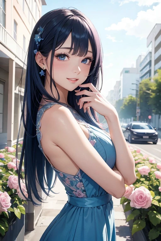 Best Quality, High resolution、High-quality images、8k, 1 female、Skin Radiance、Beautiful Eye Expressions、Shiny blue hair, Detailed manga style, Beautiful line art, K-POPアイドル, Beautiful Blue Eyes, Fuller lips, (Cute Smile),  (Detailed face), Half-up hairstyle, Glamorous Dress , corolla , cloud，null，night ,star, garden ,Pink roses are blooming in front of the building., beautiful flower garden, Pastel Rose, Pink Flower, aesthetic, Pale pink shade, Rose Background, 