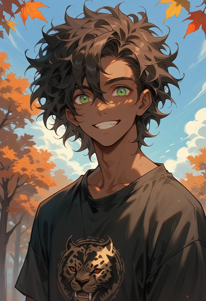 (Cowboy shot), ultra-high quality, very detailed, alone, 1 adult man, brown skin, dark panther ears and panther tail, messy hair, lengthy dark hair, head slightly tilted, extremely detailed eyes, green eyes, smiling slightly, in a dark shirt, autumn trees in the background, blue sky in the background, white clouds in the background, sunny atmosphere.