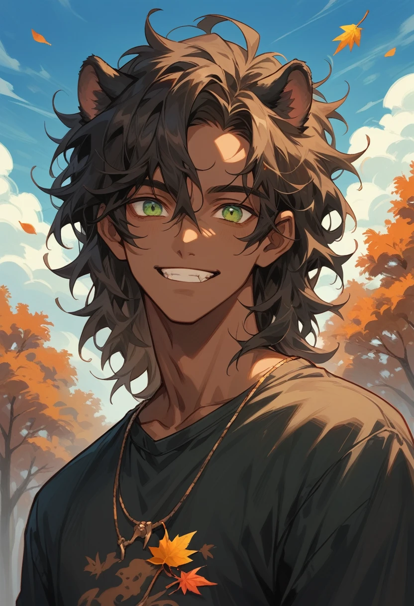 (Cowboy shot), ultra-high quality, very detailed, alone, 1 adult man, brown skin, dark panther ears and panther tail, messy hair, lengthy dark hair, head slightly tilted, extremely detailed eyes, green eyes, smiling slightly, in a dark shirt, autumn trees in the background, blue sky in the background, white clouds in the background, sunny atmosphere.