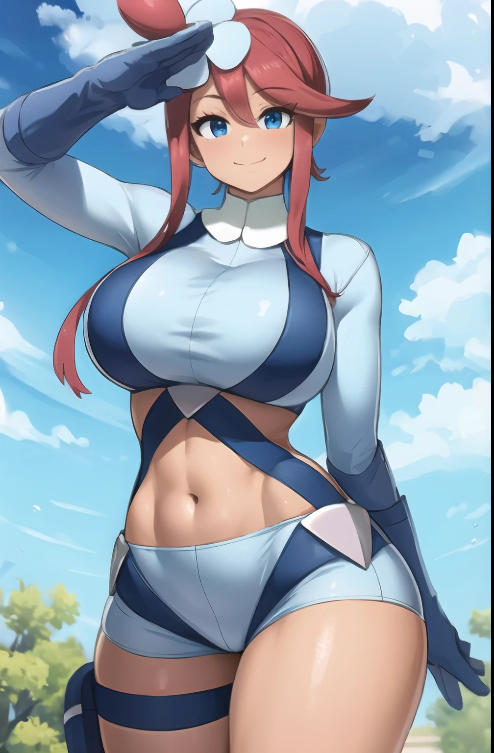 Perfect CG unity 8K UHD wallpaper, Perfect CG unity 8K UHD wallpaper, (masterpiece, best quality:1.2) lskyla, pokemon, 1girl, solo, looking at viewer, smile, red hair, (tan:1.1), sidelocks, hair ornament, blush, blue eyes, large breasts, navel,  wide hips, thick thighs, midriff, crop top, short shorts, turtleneck, blue shorts, blue gloves, salute, blue sky, cloud 