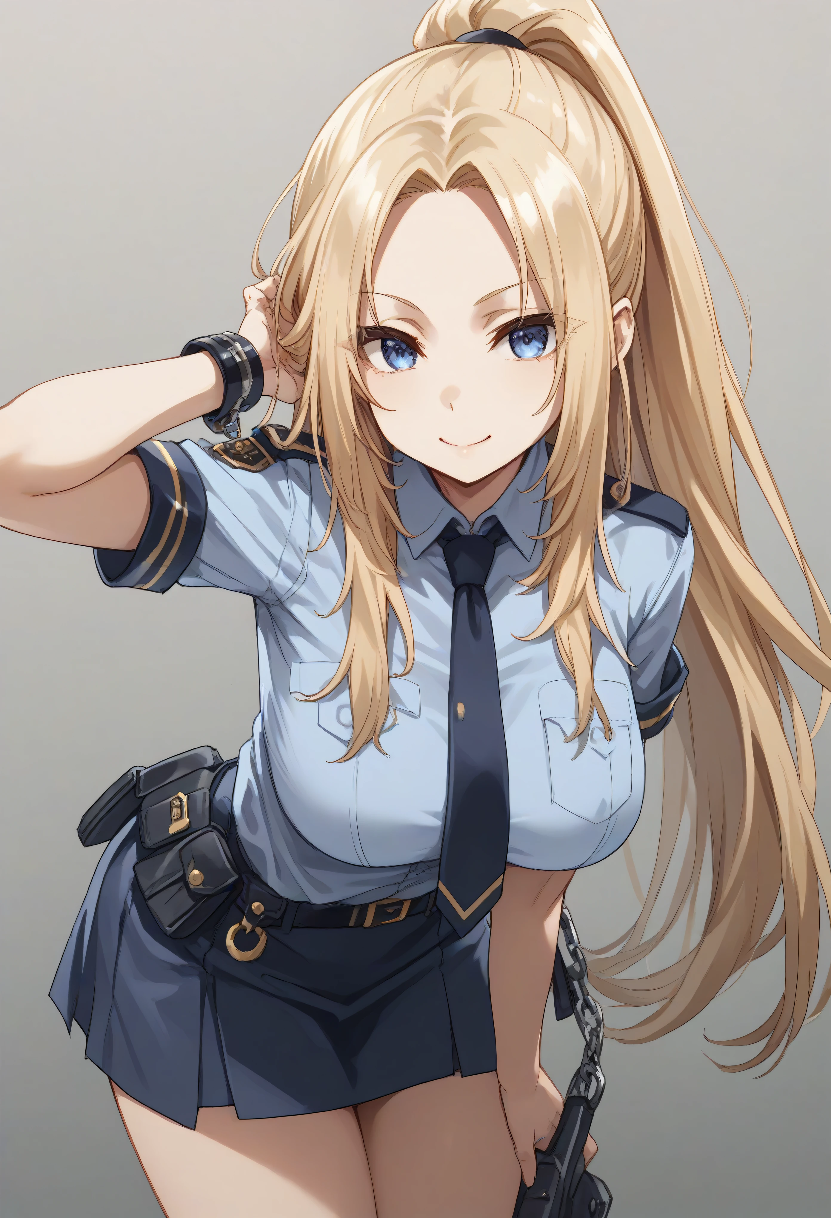 long hair blonde hair ponytail blues eyes,big breast,Police uniform.tie.mini skirt, cuffs,bend forward,looking at viewer,corecting hairs,hand behind ear,squinted eyes,smile 