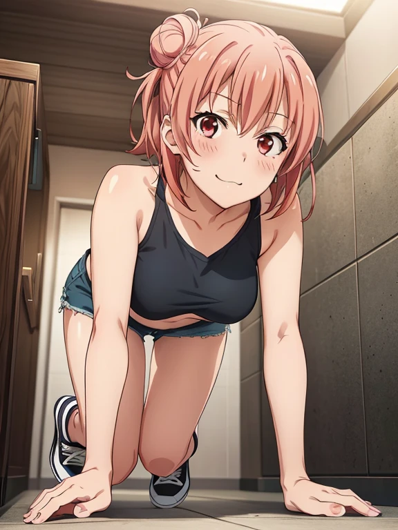 ((masutepiece, Best Quality, hight resolution, nffsw, Perfect Pixel, depth of fields, 4K, )), 1girl in, Solo, , Beautiful anime girl, Beautiful Art Style,
very low view angle:1.3, view from below:1.5, sky from below:1.5, bathroom background, squatting on carpet:1.5,
Perfect body, smile face:1.5, show feet:1.5, show close feet:1.5, medium cleavage:1.5,
Yuigahama Yui, Hair bun, short hair, large breasts, short pants:1.5, black tank:1.5, spread legs:1.5,
Full face blush, black knee socks:1.5, red converse:1.5, white onebody swimsuit:1.3, red face,
straight on:1.3, medium shot