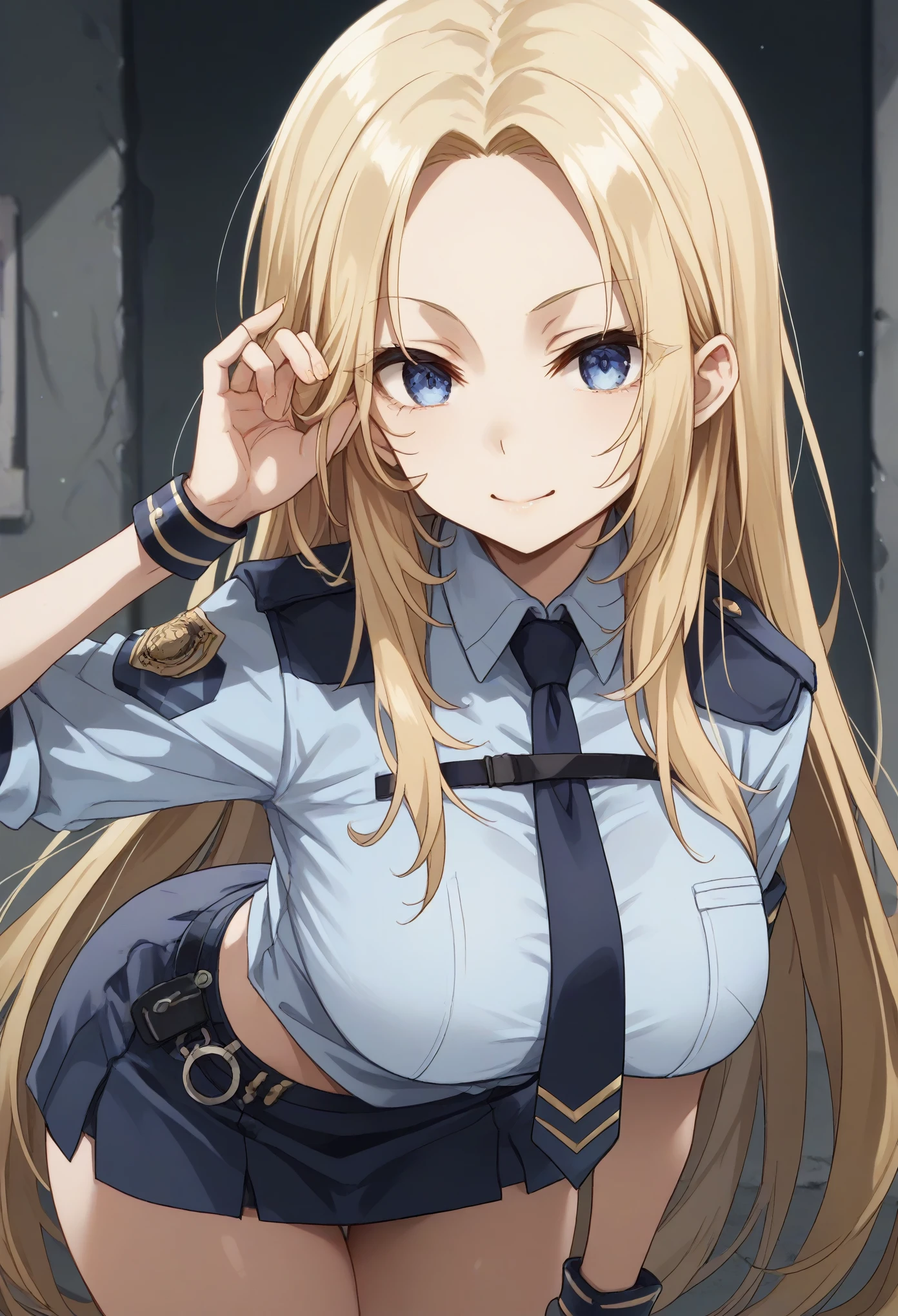 long hair blonde hair blues eyes,big breast,Police uniform.tie.mini skirt, cuffs,bend forward,looking at viewer,corecting hairs,hand behind ear,squinted eyes,smile 