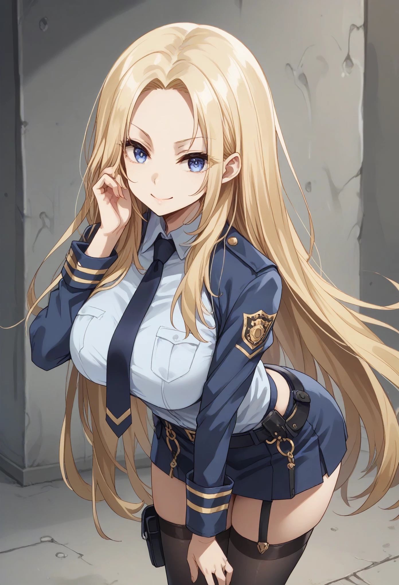 long hair blonde hair blues eyes,big breast,Police uniform.tie.mini skirt, cuffs,bend forward,looking at viewer,corecting hairs,hand behind ear,squinted eyes,smile 