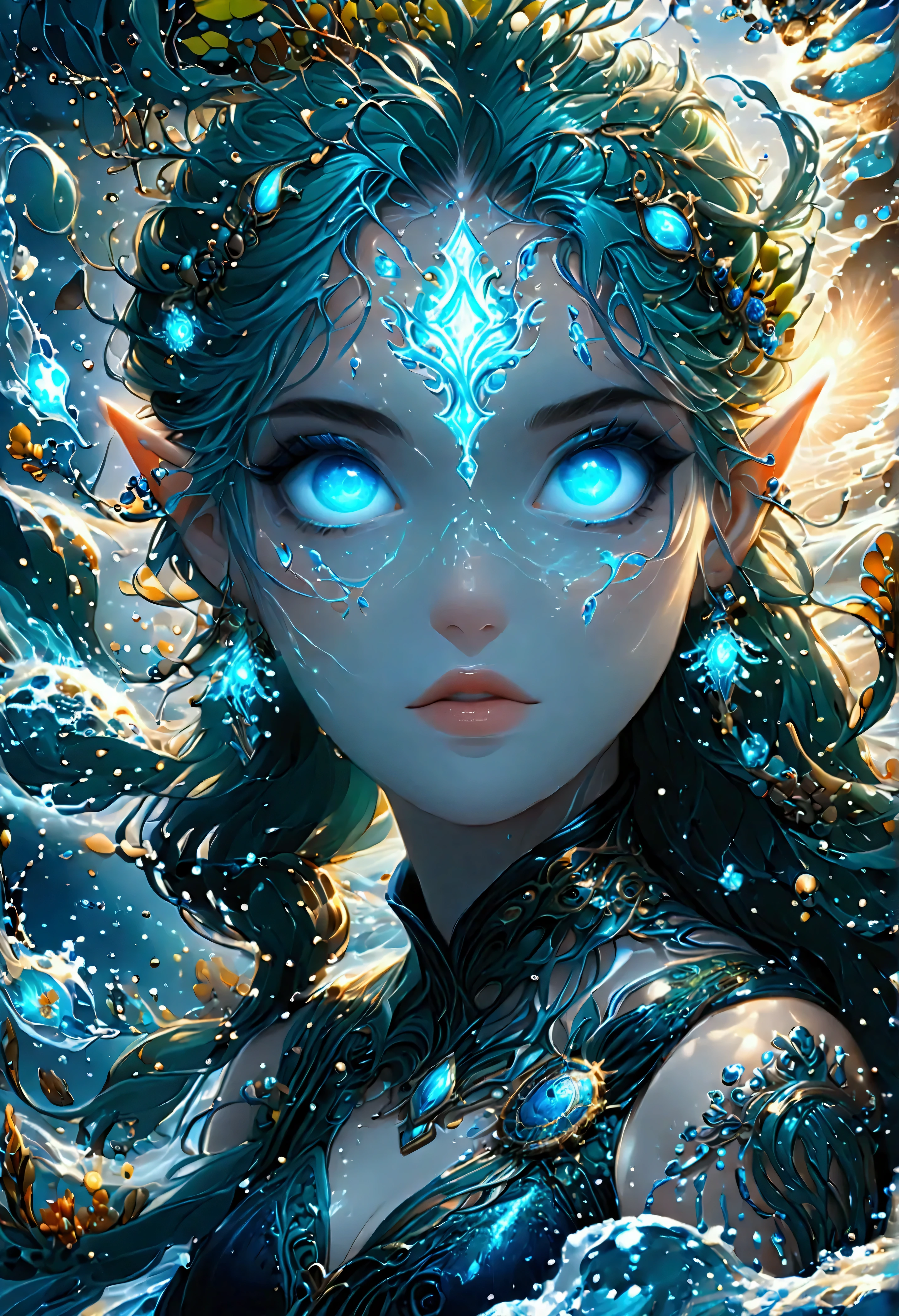 picture of a sea elf (intricate details, Masterpiece, best quality: 1.5) water mage casting ((water control spell)), water wizard ((water magic, intense magic details)), ((controlling a swirling mass of water)), magical symbols, female sea elf, full body, busty,  blue skin, green hair, long hair, swirling hair, intense eyes, small pointed ears, ((blue eyes)), ((glowing eyes)), armed with magical wand, wearing sea shell clothing, wearing high heeled boots, beautiful elf, underwater background, rich underwater life, ((magical atmosphere)), fish and sea weeds, high details, best quality, 16k, [ultra detailed], masterpiece, best quality, (extremely detailed), dynamic angle, ultra wide shot, RAW, photorealistic, fantasy art, dnd art, rpg art, realistic art, an ultra wide  high details, best quality, highres, fflix_ufantasy, FlshfrGR