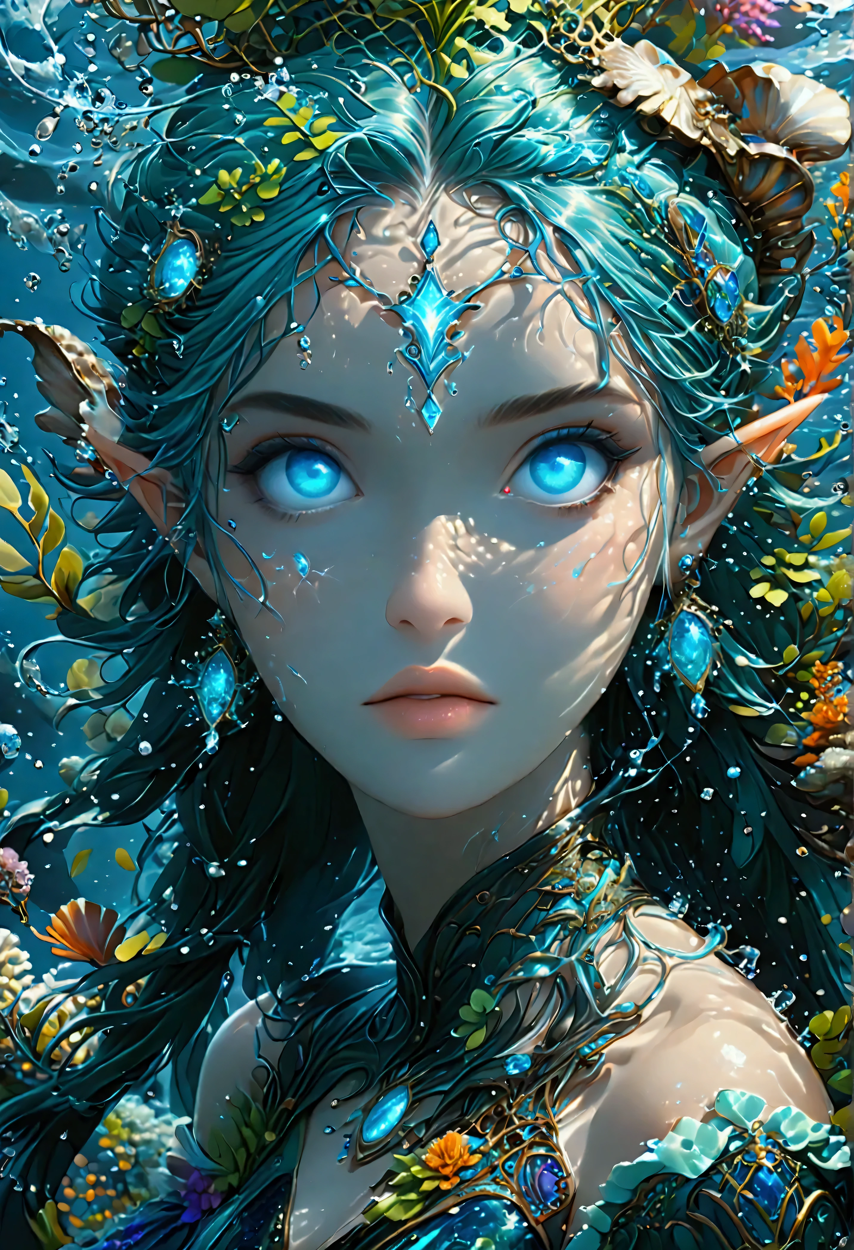 picture of a sea elf (intricate details, Masterpiece, best quality: 1.5) water mage casting ((water control spell)), water wizard ((water magic, intense magic details)), ((controlling a swirling mass of water)), magical symbols, female sea elf, full body, busty,  blue skin, green hair, long hair, swirling hair, intense eyes, small pointed ears, ((blue eyes)), ((glowing eyes)), armed with magical wand, wearing sea shell clothing, wearing high heeled boots, beautiful elf, underwater background, rich underwater life, ((magical atmosphere)), fish and sea weeds, high details, best quality, 16k, [ultra detailed], masterpiece, best quality, (extremely detailed), dynamic angle, ultra wide shot, RAW, photorealistic, fantasy art, dnd art, rpg art, realistic art, an ultra wide  high details, best quality, highres, fflix_ufantasy, FlshfrGR