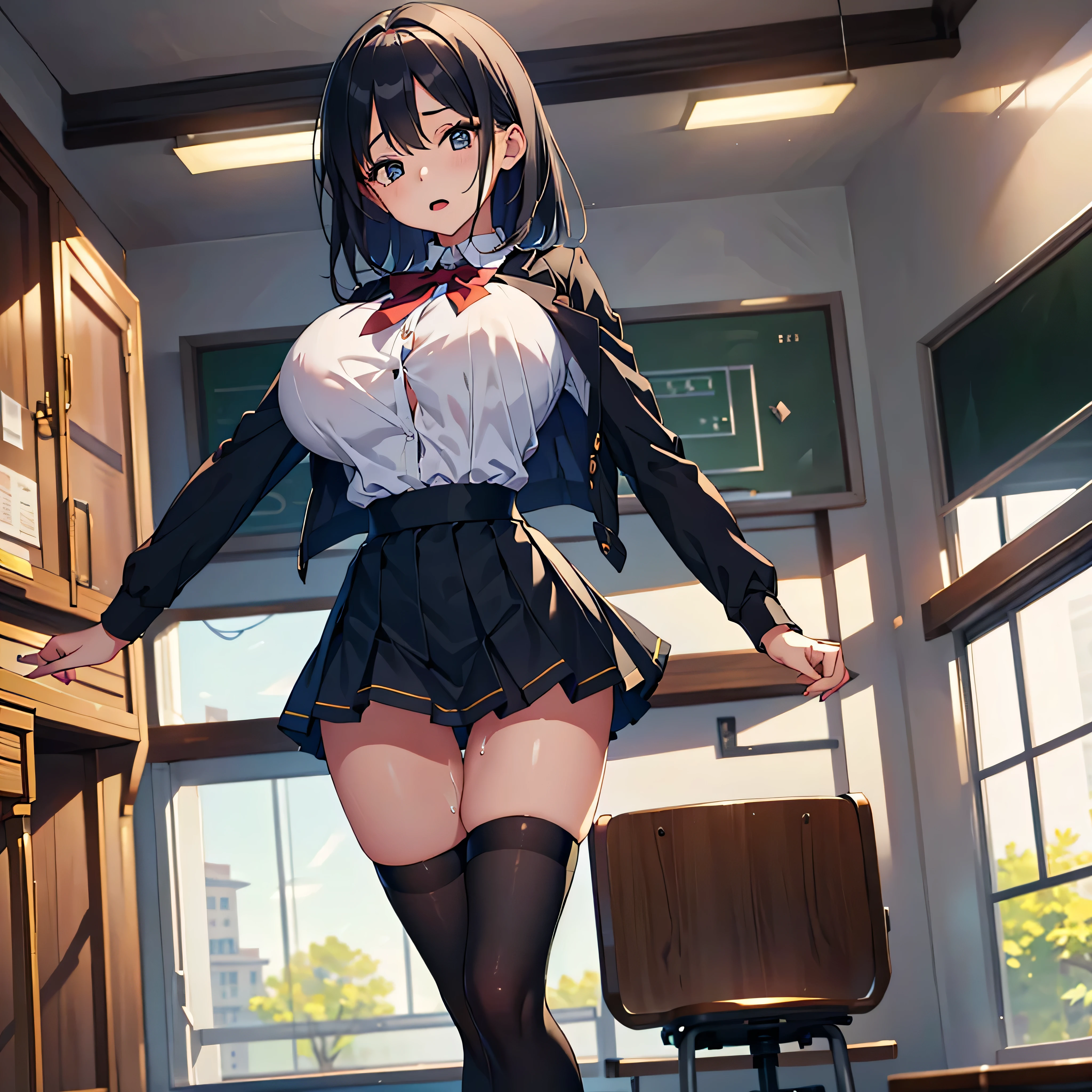 (1 skinny girl at primary school), school uniform, high-waist skirt, (thigh gap), (inky-black thighhighs:1.2), (bouncing large breasts:1.2), swaying back, narrow shoulders, short torso, skinny narrow waist, long skinny legs, (orgasm)