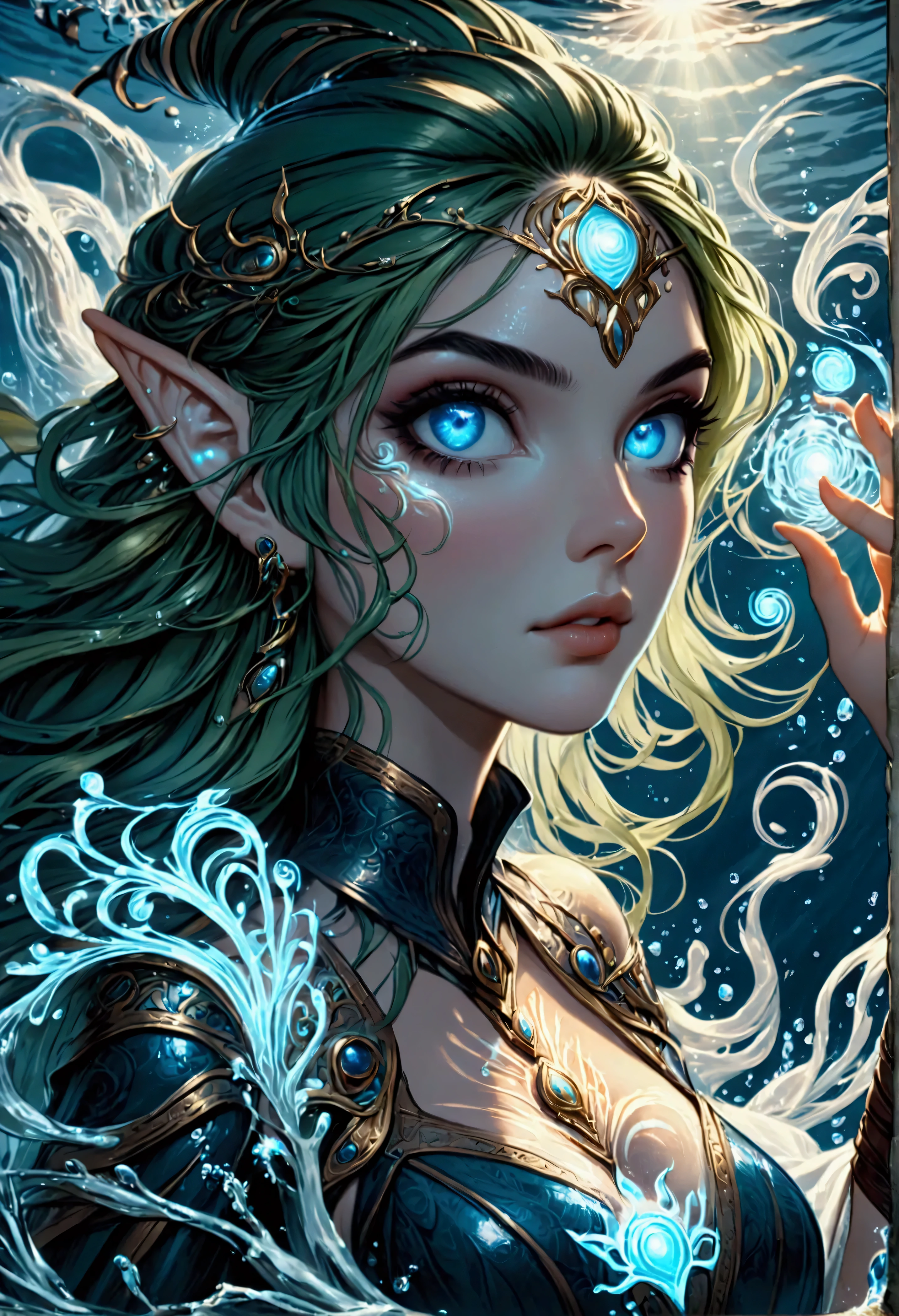 picture of a sea elf (intricate details, Masterpiece, best quality: 1.5) water mage casting ((water control spell)), water wizard ((water magic, intense magic details)), ((controlling a swirling mass of water)), magical symbols, female sea elf, full body, busty,  blue skin, green hair, long hair, swirling hair, intense eyes, small pointed ears, ((blue eyes)), ((glowing eyes)), armed with magical wand, wearing sea shell clothing, wearing high heeled boots, beautiful elf, underwater background, rich underwater life, ((magical atmosphere)), fish and sea weeds, high details, best quality, 16k, [ultra detailed], masterpiece, best quality, (extremely detailed), dynamic angle, ultra wide shot, RAW, photorealistic, fantasy art, dnd art, rpg art, realistic art, an ultra wide  high details, best quality, highres, fflix_ufantasy, FlshfrGR