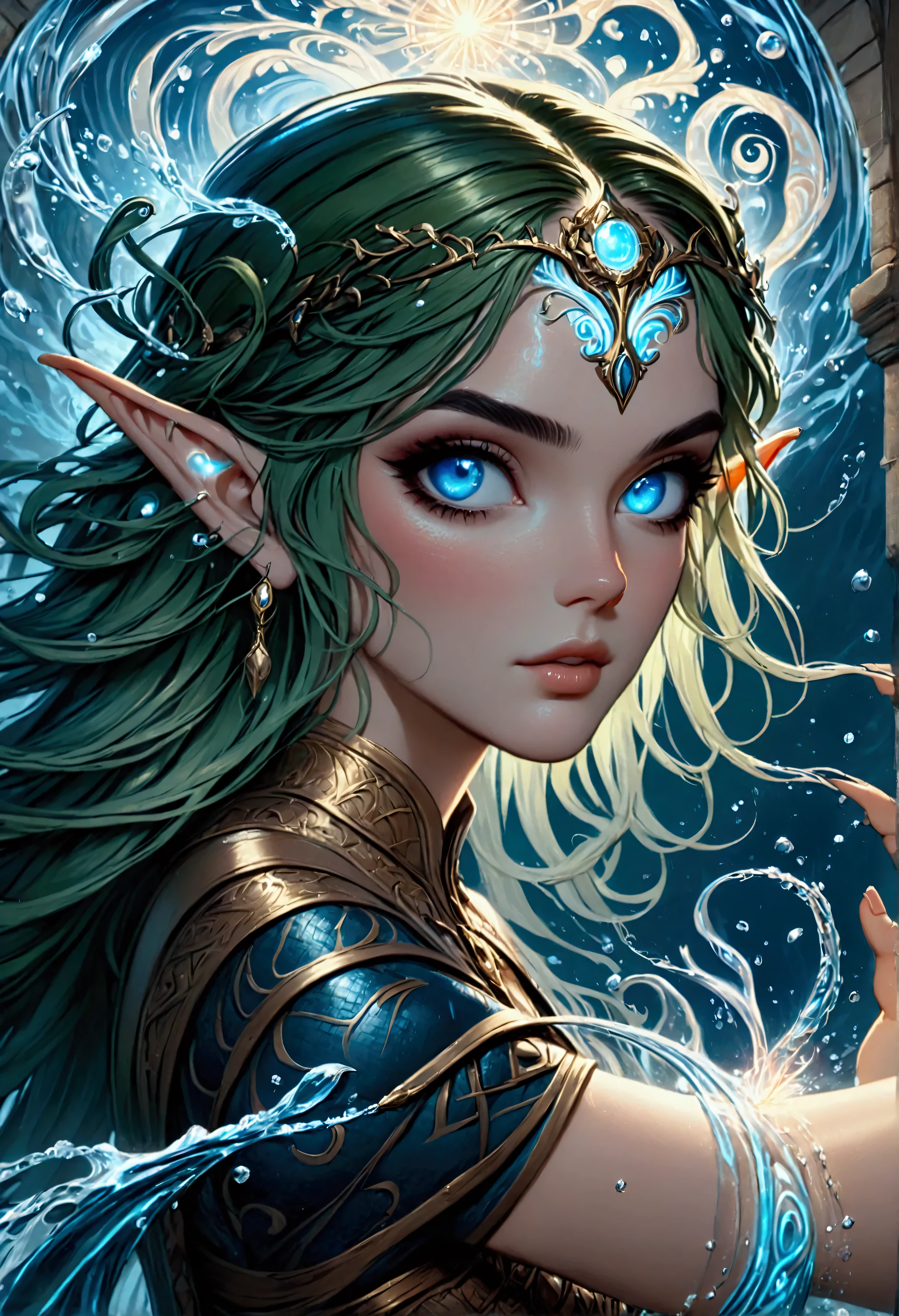 picture of a sea elf (intricate details, Masterpiece, best quality: 1.5) water mage casting ((water control spell)), water wizard ((water magic, intense magic details)), ((controlling a swirling mass of water)), magical symbols, female sea elf, full body, busty,  blue skin, green hair, long hair, swirling hair, intense eyes, small pointed ears, ((blue eyes)), ((glowing eyes)), armed with magical wand, wearing sea shell clothing, wearing high heeled boots, beautiful elf, underwater background, rich underwater life, ((magical atmosphere)), fish and sea weeds, high details, best quality, 16k, [ultra detailed], masterpiece, best quality, (extremely detailed), dynamic angle, ultra wide shot, RAW, photorealistic, fantasy art, dnd art, rpg art, realistic art, an ultra wide  high details, best quality, highres, fflix_ufantasy, FlshfrGR