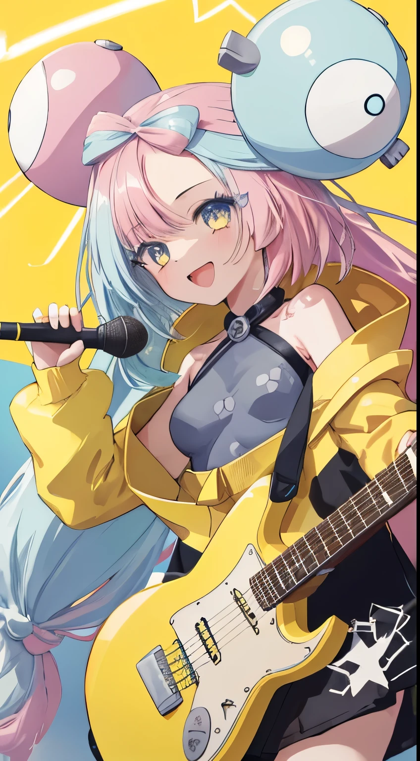 Masterpiece, Beautiful painting touches, Detailed Description, 迫力のあるNanjamo, Detailed face and eye depictions, smile, nsfw, Beautiful Eyes, Perfect Anatomy, Detailed background depiction, 1girl, Jonah, pokemon_Jonah, Nanjamo, Round hair ornament, Sideboob, Yellow jacket, Baggy jacket, Long Hair, Small breasts, , Background of the live music venue, Yellow electric guitar, Playing electric guitar, Open your mouth, Sing a song, Vibrant hair