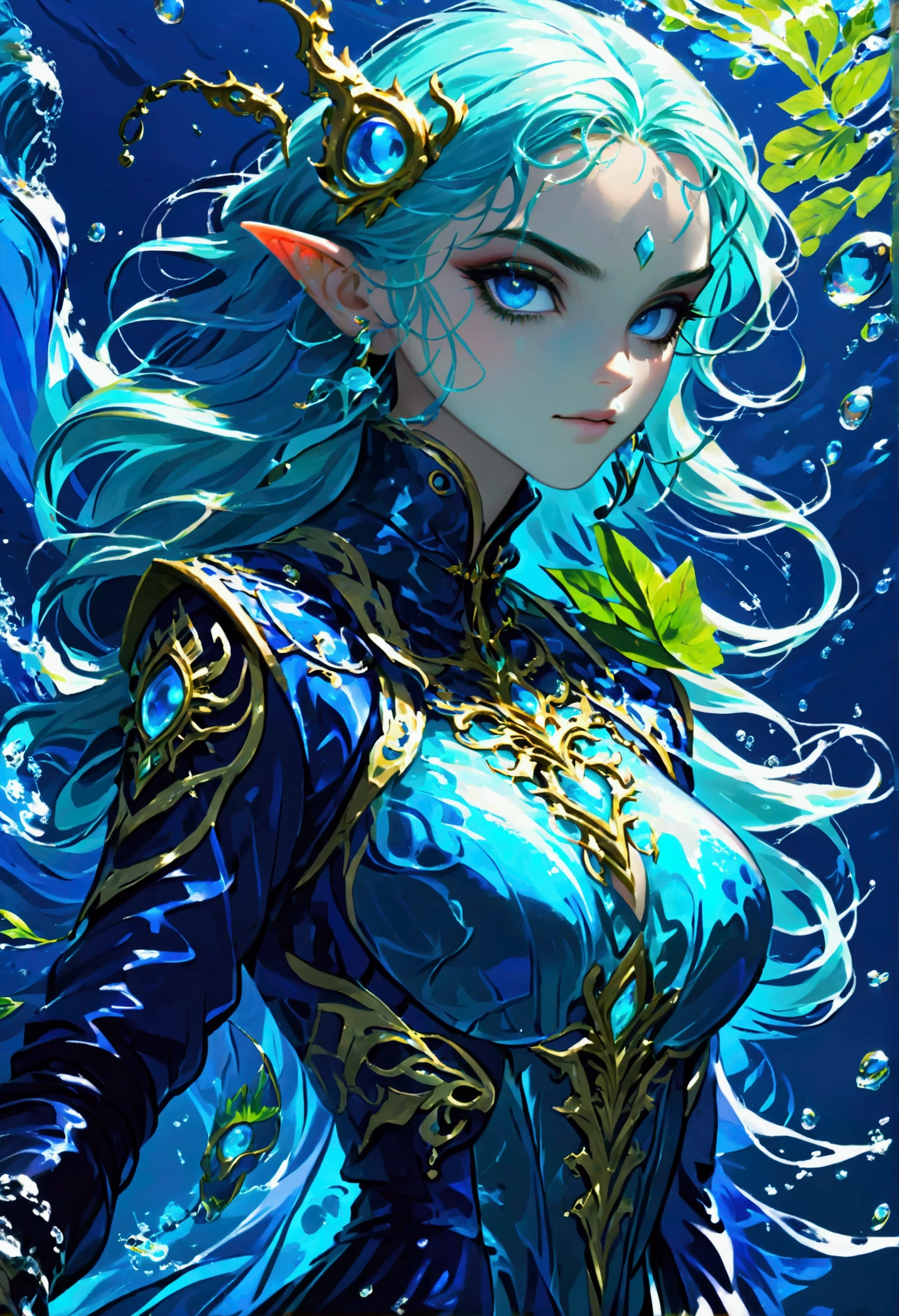 picture of a sea elf (intricate details, Masterpiece, best quality: 1.5) water mage casting ((water control spell)), water wizard ((water magic, intense magic details)), ((controlling a swirling mass of water)), magical symbols, female sea elf, full body, busty,  blue skin, green hair, long hair, swirling hair, intense eyes, small pointed ears, ((blue eyes)), ((glowing eyes)), armed with magical wand, wearing sea shell clothing, wearing high heeled boots, beautiful elf, underwater background, rich underwater life, ((magical atmosphere)), fish and sea weeds, high details, best quality, 16k, [ultra detailed], masterpiece, best quality, (extremely detailed), dynamic angle, ultra wide shot, RAW, photorealistic, fantasy art, dnd art, rpg art, realistic art, an ultra wide  high details, best quality, highres, fflix_ufantasy, FlshfrGR