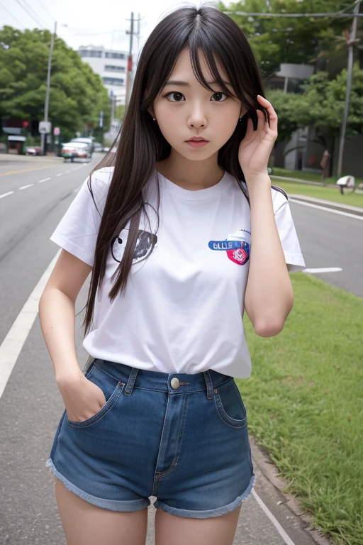 Children 、1 Beautiful girl、So cute、White shirt、denim shorts、細くて長い脚