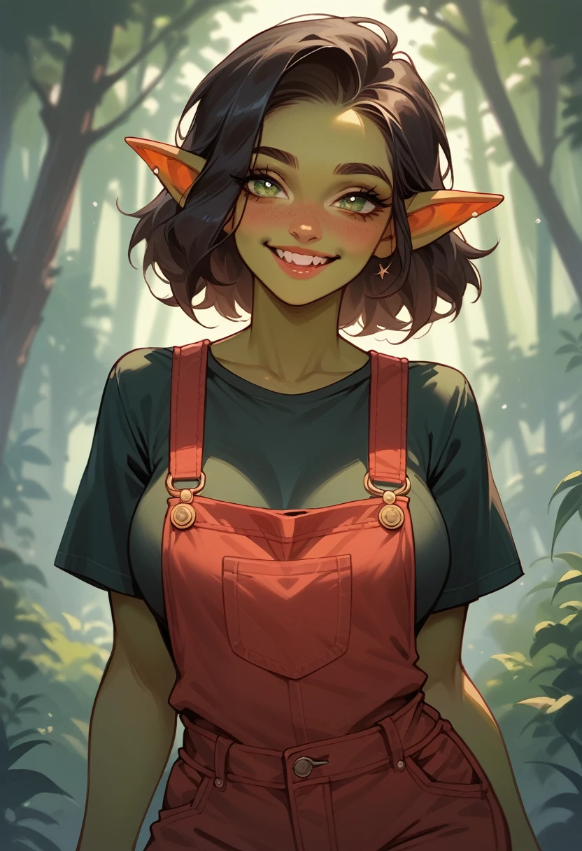 (Cowboy Shot) Adult hob goblin girl, modest breasts, with dark hair, shoulder length hair, green eyes, a forest, a small smile, in a dark shirt and red overalls.