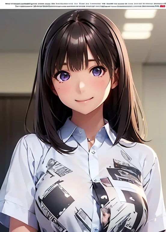 High resolution,In 8K,Best Quality,detailed,Semi-realistic anime,Anime 3D Style,Smooth anime CG,One Girl,One Japanese woman,slim,Modeled,Shiny brown hair,((Medium Short)),detailedな顔,Beautiful and detailed,Glowing Skin,((Office Workers)),(((All Newspaper Printed Dress Shirt))),((A black and white English newspaper print shirt)),straggling hair,Angelic hairstyle,Small breasts,((Deep violet sparkling eyes)),((Looking into the camera)),(((Shut your mouth.))),((Smile))