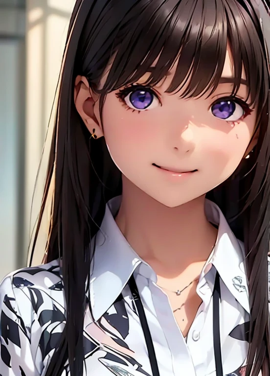 High resolution,In 8K,Best Quality,detailed,Semi-realistic anime,Anime 3D Style,Smooth anime CG,One Girl,One Japanese woman,slim,Modeled,Shiny brown hair,((Medium Short)),detailedな顔,Beautiful and detailed,Glowing Skin,((Office Workers)),(((All Newspaper Printed Dress Shirt))),((A black and white English newspaper print shirt)),straggling hair,Angelic hairstyle,Small breasts,((Deep violet sparkling eyes)),((Looking into the camera)),(((Shut your mouth.))),((Smile))