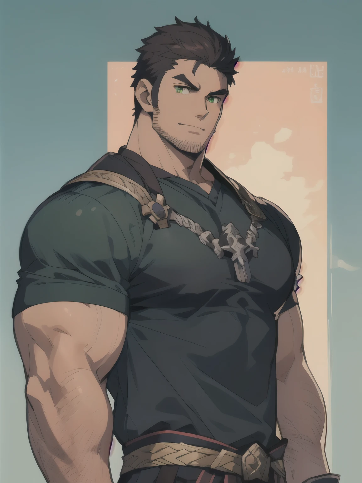 Masterpiece, Best Quality, Ultra-Detailed, 1man, ((hypermasculine:1.0)), solo, male, manly male, rugged, strong, bara, jock, stud, bear, short hair, black hair, green eyes, detailed eyes, very beautiful eyes, wide jaw, a man with a black shirt, short sleeves shirt, dark colors clothes, genshin impact character, (( character concept art )), elsword character, short sleeves shirt, best anime character design, official character art, casimir art, detailed full body concept art, picture of a male, medieval kingdom background