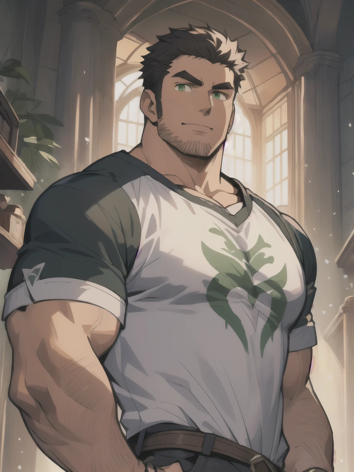 Masterpiece, Best Quality, Ultra-Detailed, 1man, ((hypermasculine:1.0)), solo, male, manly male, rugged, strong, bara, jock, stud, bear, short hair, black hair, green eyes, detailed eyes, very beautiful eyes, wide jaw, a man with a black shirt, short sleeves shirt, dark colors clothes, genshin impact character, (( character concept art )), elsword character, short sleeves shirt, best anime character design, official character art, casimir art, detailed full body concept art, picture of a male, medieval kingdom background