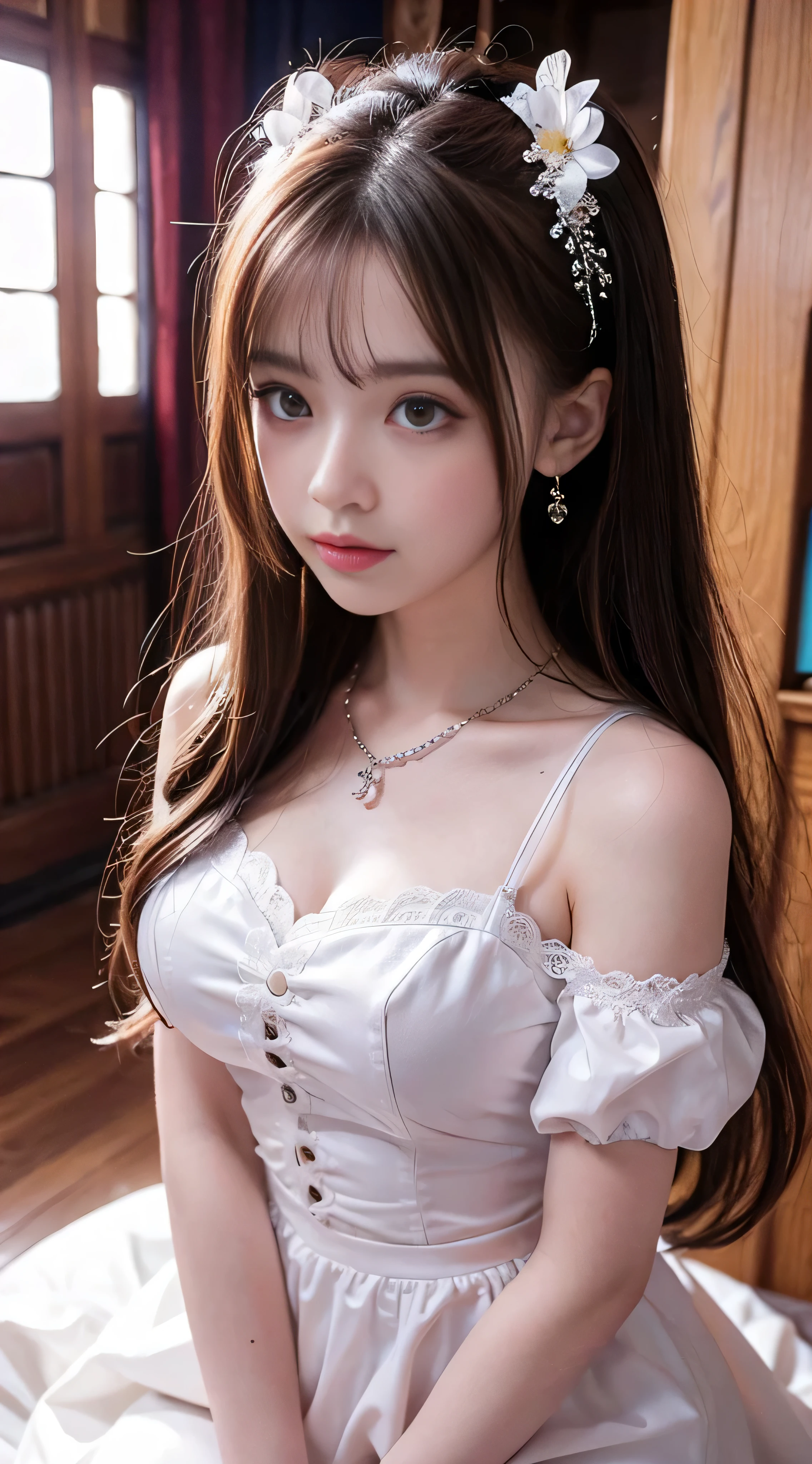 With high definition images，high quality, Rich in details, A girl with twin-tailed chestnut hair poses cutely. They are wearing vintage gothic white satin outfits, Wearing a bracelet, Earrings and Necklaces. Big shocking photos With high definition images. The photo is a close-up of the whole body, Cute atmosphere.Full body high quality images,Palace Square
