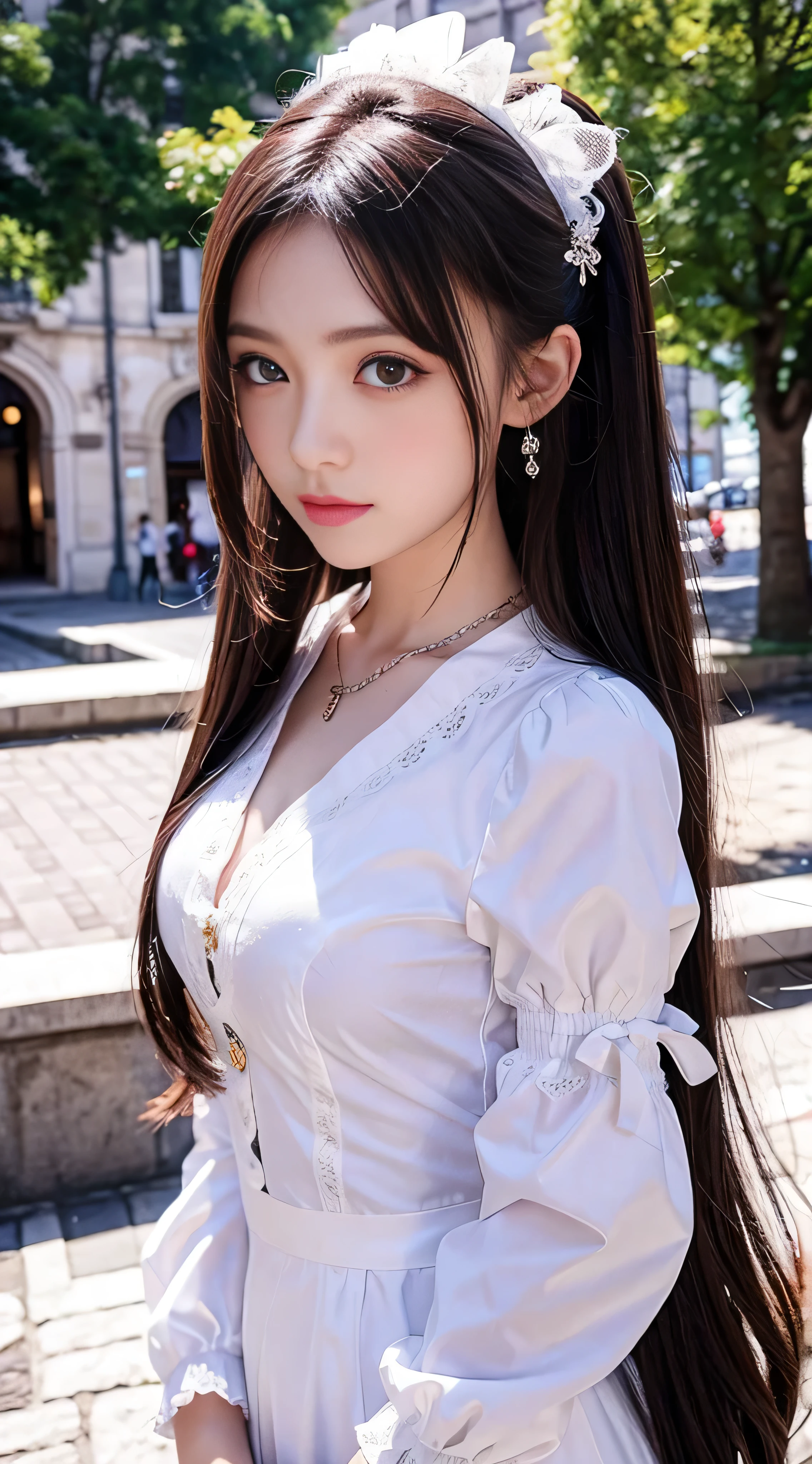 With high definition images，high quality, Rich in details, A girl with twin-tailed chestnut hair poses cutely. They are wearing vintage gothic white satin outfits, Wearing a bracelet, Earrings and Necklaces. Big shocking photos With high definition images. The photo is a close-up of the whole body, Cute atmosphere.Full body high quality images,Palace Square
