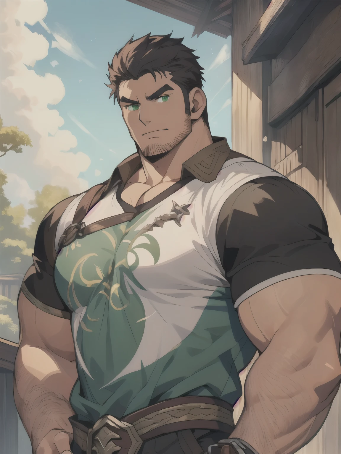 Masterpiece, Best Quality, Ultra-Detailed, 1man, ((hypermasculine:1.0)), solo, male, manly male, rugged, strong, bara, jock, stud, bear, short hair, black hair, green eyes, detailed eyes, very beautiful eyes, wide jaw, a man with a black shirt, short sleeves shirt, dark colors clothes, genshin impact character, (( character concept art )), elsword character, short sleeves shirt, best anime character design, official character art, casimir art, detailed full body concept art, picture of a male, medieval kingdom background