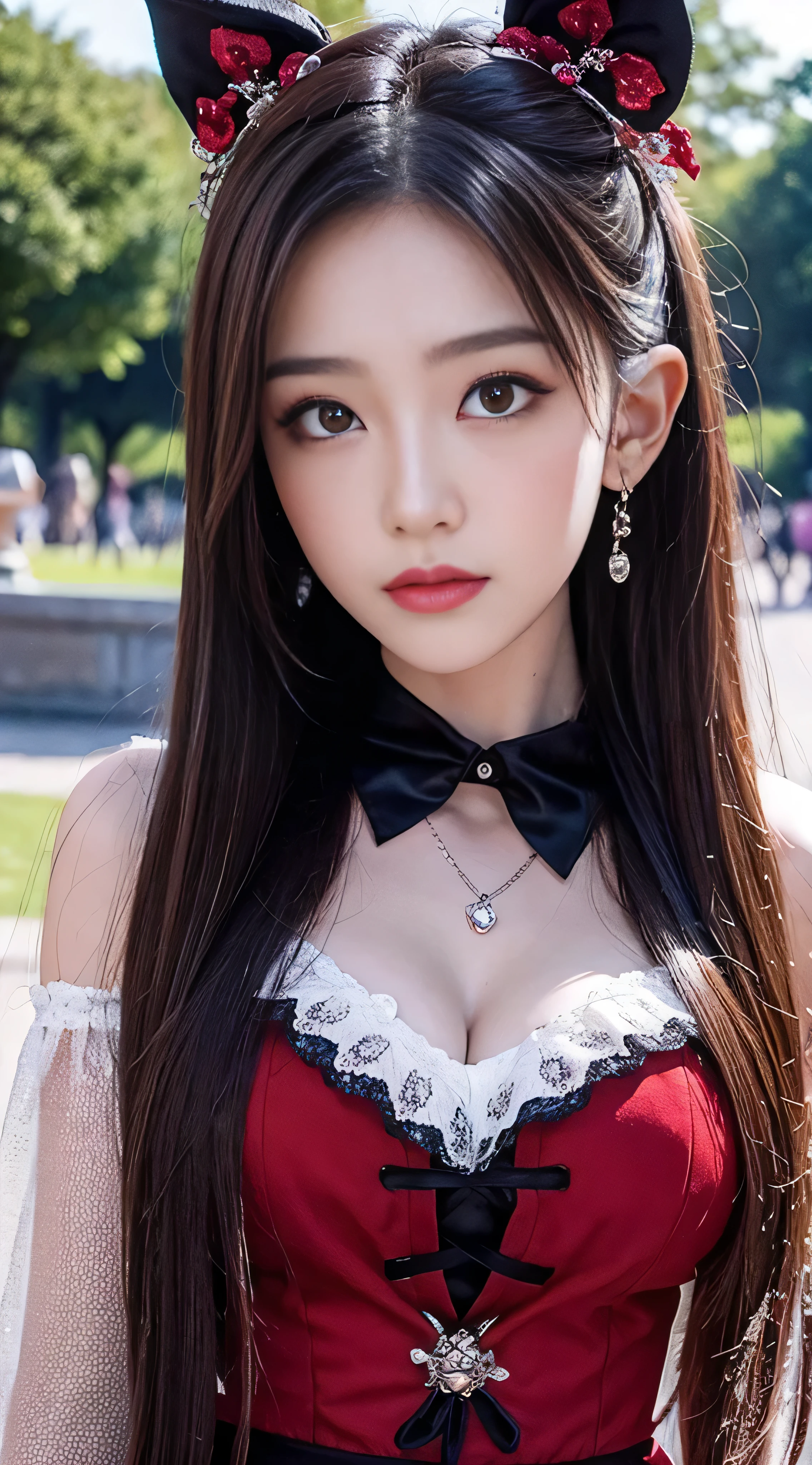 With high definition images，high quality, Rich in details, A girl with twin-tailed chestnut hair poses cutely. They are wearing vintage gothic red clothing, Wearing a bracelet, Earrings and Necklaces. I can see big things. The photo is a close-up of the whole body, Sexy vibe.Full body high quality images,Palace Square
