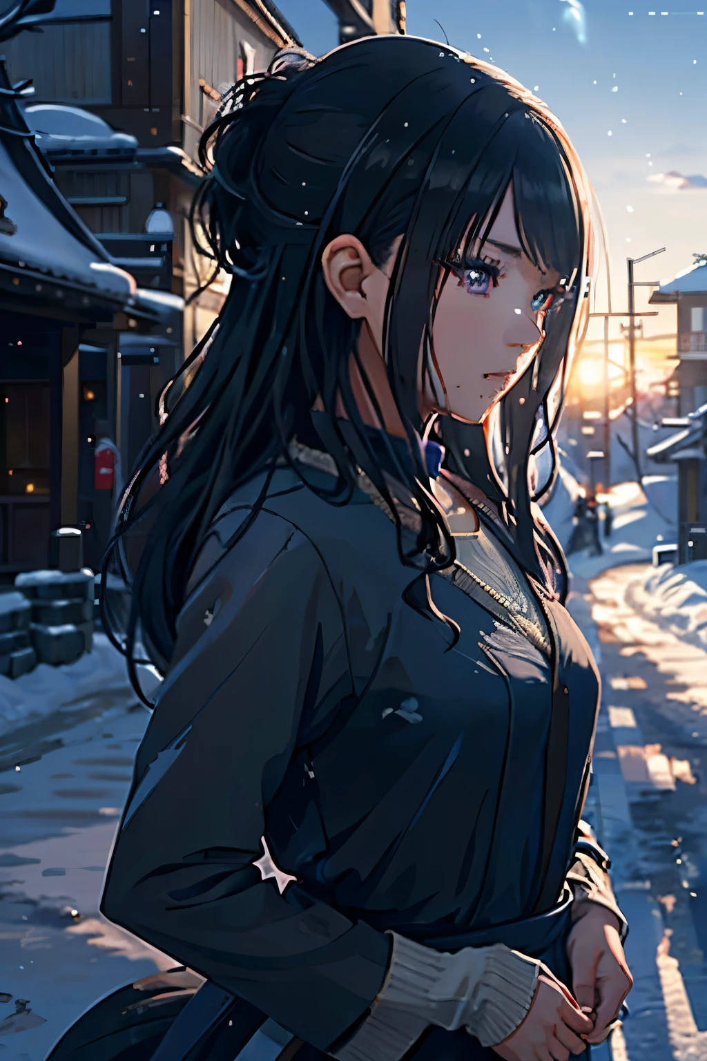 (best quality,Super precise depiction,woman,perfect anime illustration), sweet woman on the village,blue sky,winter city,anime style,cerulean color,kunoichi,ninja,soft sunlight,strong shadows,detailed background,flowing dark cerulean hair,laughing expression,clean lines,crisp details,high resolution,impeccable shading,realistic lighting effect,sparkling snowflakes,frosty breath,icy sidewalks,cozy atmosphere, haruyukiarita,hiperdetalhado,traços maduros da hiori kazano, ((byakugan in her eyes))