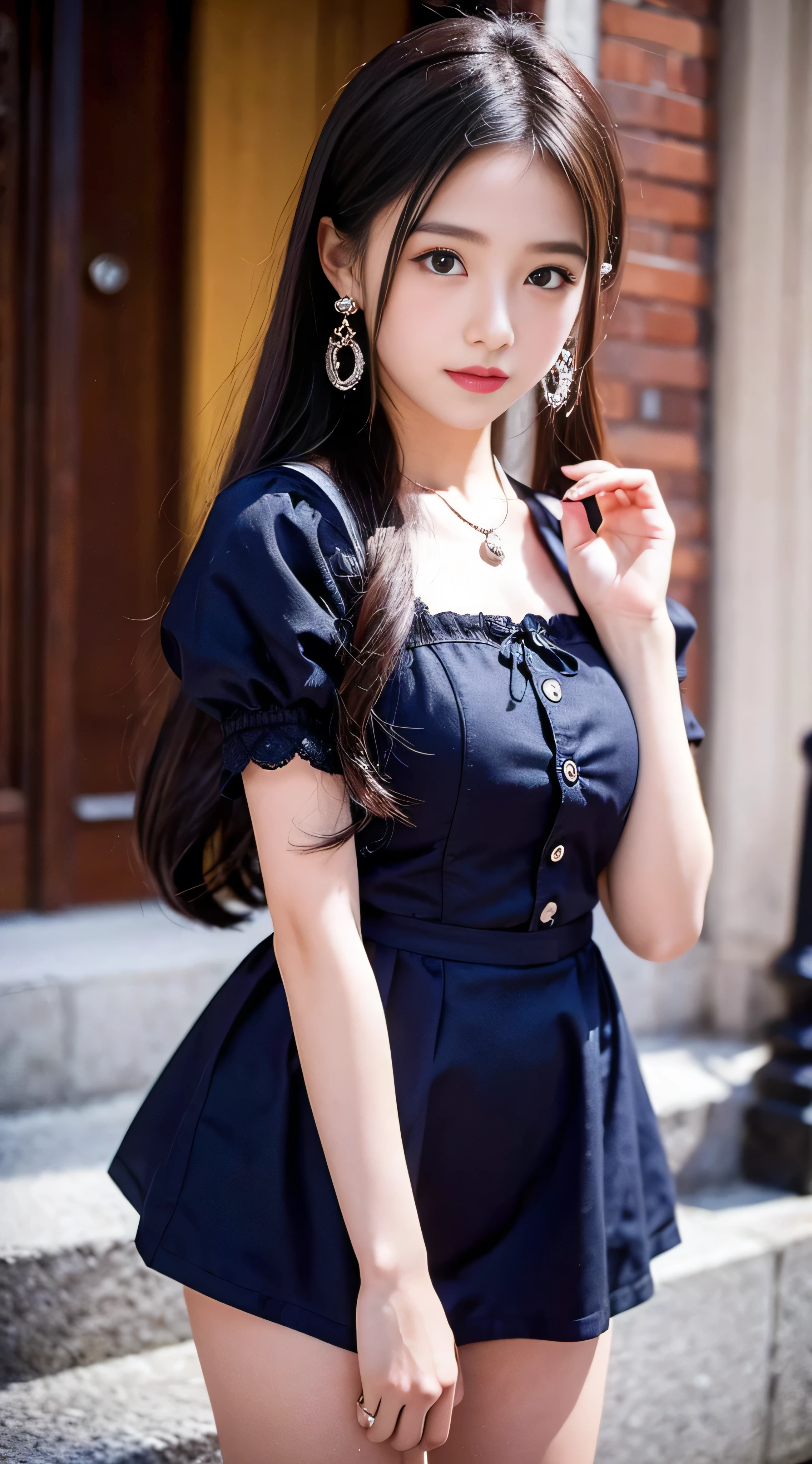 With high definition images，high quality, Rich in details, A girl with twin-tailed chestnut hair poses cutely. They are wearing vintage gothic red clothing, Wearing a bracelet, Earrings and Necklaces. I can see big things. The photo is a close-up of the whole body, Sexy vibe.Full body high quality images,Palace Square
