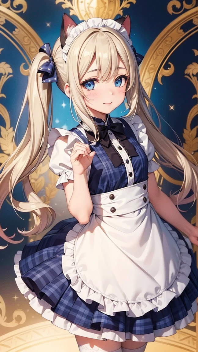  (Amazingly detailed CG paintings),(Perfect image), comics.shape.One girl, ((Age 15)), (((Young Face))), masterpiece, (Photorealistic),photograph、少女のphotograph、A face that is cute and beautiful down to the last detail、Beautiful Bangs、Glowing White Skin,Bangs between the eyes、Low Twintails、Blonde,Glamorous light and dark platinum blonde silky hair, Detailed face、Perfect Face.Delicate face、Textured skin、((Beautiful Blue Eyes)).Delicate and beautiful eyes、The eyes are detailed、Reflective eyes, (Gazing at the audience:1.3).(My face got a little red:0.8)、8K wallpaper, Reflected Light、Attention to detail、Complex、Gentle background、Textured skin、Detailed skin, lips open slightly,, From Ahi, Maid, Short puffed sleeves, White thigh high socks, small Maid apron((masterpiece)), (High image quality:1.3), (Professional photography:1.2), (Contort your mouth:1.3), Put on some cat ears, ((Stretch your hands out in front of you)), (Fascinating face), Kneel, (Gingham check pattern background:1.3), 1 girl, 9 Figures, Looking at the audience, smile, Diamond Sparkle, Colorful decoration, Particles of light dance, Gothic detail (Maximalism: 1.5), Soft lighting, (Depth of written boundary), Diffuse reflection of light,