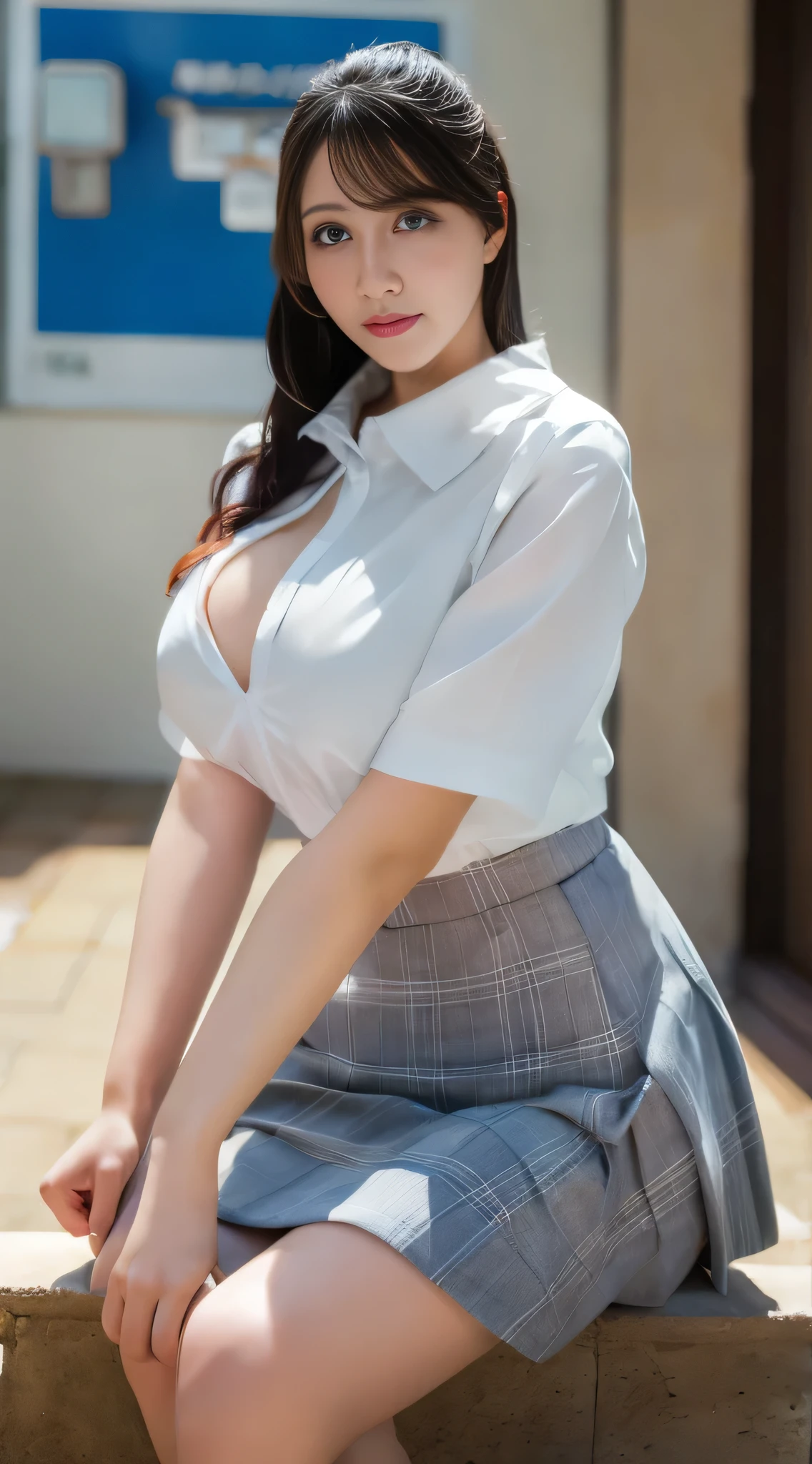 8k RAWフォト, Best Quality, masterpiece, Ultra High Resolution, 3d, Realistic, Japanese,One girl, , black_hair, black_Sailor_collar, length_hair, nose, School_Uniform, Seraph, Natural skin texture, Light Brown_eye, detailed eyes and face, lips, lipstick, Beautiful legs, Huge breasts, Beautiful seaside location, (Detailed Background), Plaid skirt, White shirt, ((Very large breasts)), Blurred Background, Short sleeve