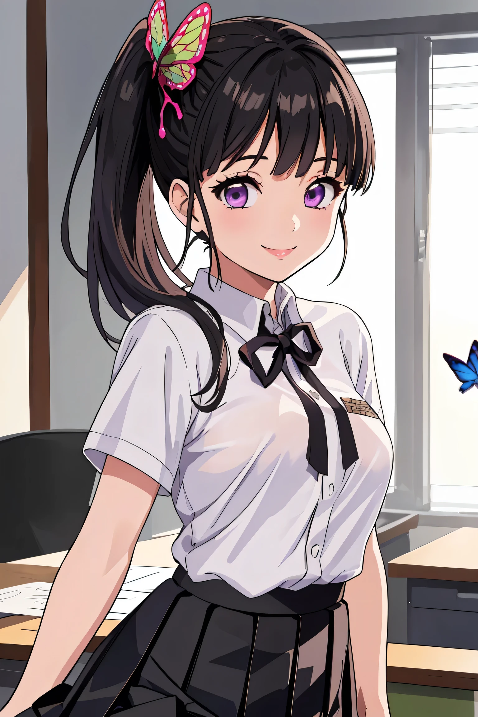 kanao tsuyuri, black hair, butterfly, butterfly hair ornament, (purple eyes:1.1), side ponytail, ponytail, black skirt, office uniform, pleated skirt, skirt, pull up skirt,
(best quality, masterpiece, RAW photo,ultra-detailed:1.2), 1girl,solo,looking at viewer,smile,