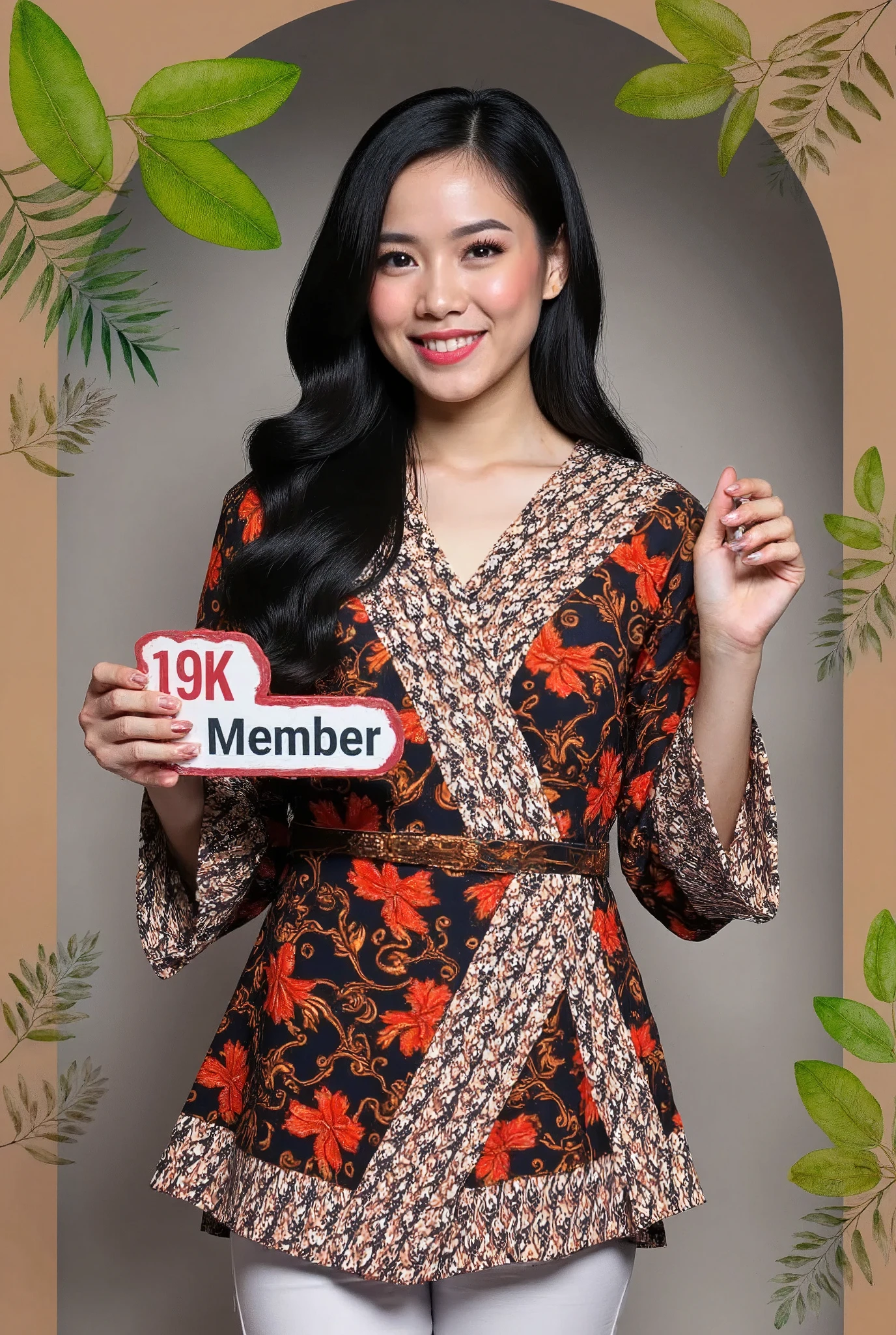 (masterpiece, best quality:1.2), 1girl, solo, batik, garden background, flower, Gadis Jelita, holding sign with colorful text "19K Member"