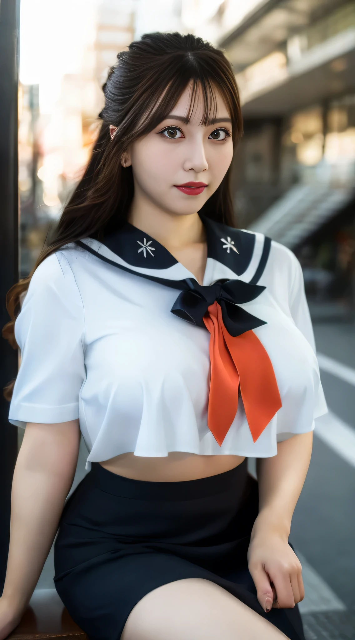 ((Best quality, 8K, Masterpiece:1.3, 1 girl, Beautiful girl)), Cute, Dynamism, Detailed face, Detailed skin, Detailed eyes, Detailed lips, Detailed fingers, Detailed mouth, Photorealistic, Raw photo, Natural lighting, dynamic pose, perfect anatomy, toned legs, round eyes, double eyelid, moist lips, highres, white hair, (tattoo), school uniform, unbuttoned shirt, white shirt, pleats skirt, sweaty, shiny skin, cuffs, chain, collar, big breasts, outdoor, looking at viewer, hair between eyes, japanese girl, choker, summer sailor uniform, bob hair, bangs, skirtlift, spreading legs