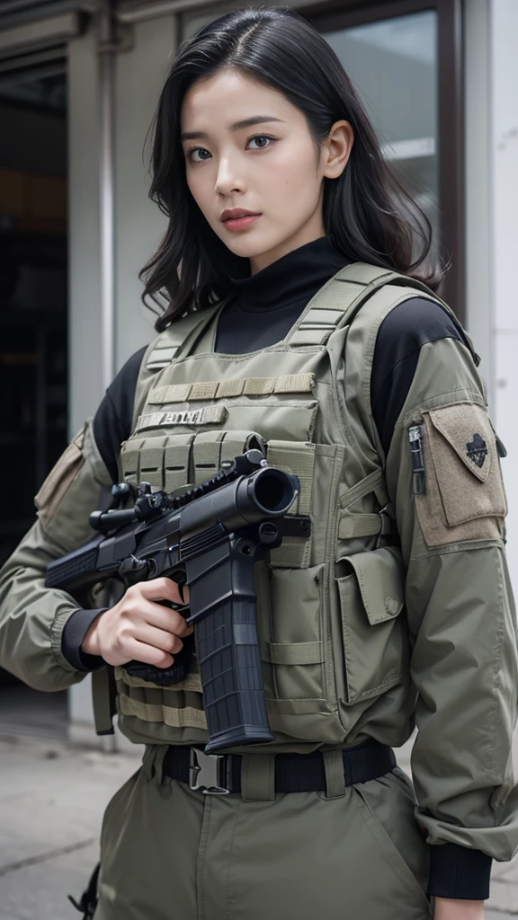 黒い制服を着た30代のwomanが廊下で銃を持っている., Wear tactical gear, 黒のテックウェアを着たwomanの写真, dressed in tactical armor, Black Tactical Gear, Tactical Vests and Holsters, Wearing technical clothing and armor, 美しいwoman兵士, He has a rifle., Close-up portrait shot, Has an MP7, Ready your gun?, Special Forces Security, Airsoft Gun CQB、solo, High resolution, masterpiece, Anatomically correct, Winner of numerous awards, accurate, Very detailed, Ultra high definition, Textured skin, woman、Age 30、Black, unkempt, natural curls、Cool look、Tired look、Looking at this、The background is in front of the warehouse before the raid.、