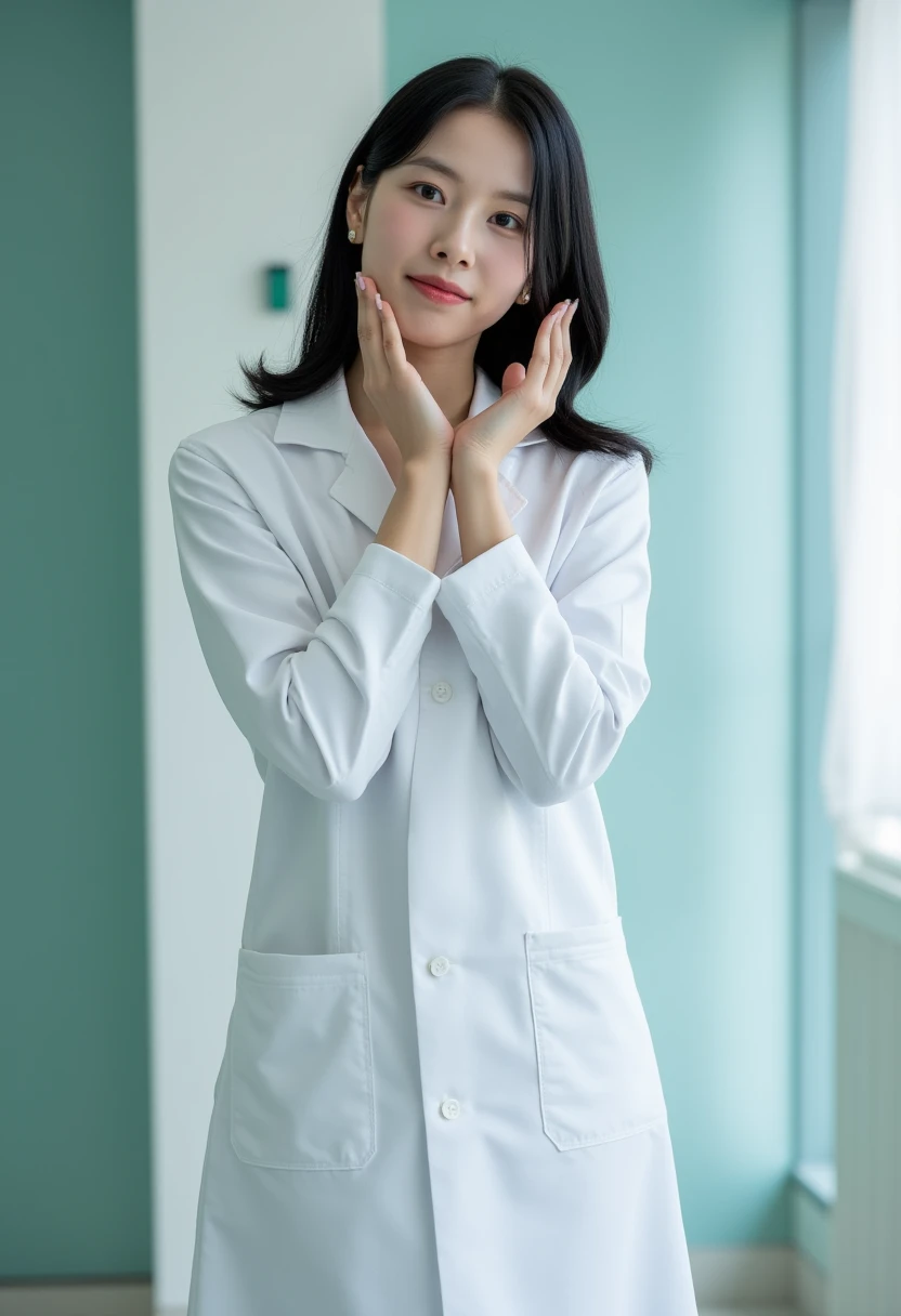 photorealistic, photograph, medium shot, standing, smiling beautiful Japanese female doctor doing floweringface pose, slim hourglass figure, narrow waist, beautiful detailed face, black hair, pale skin, fair skin, realistic skin, detailed cloth texture, detailed hair texture, Perfect proportion, Anatomically correct, Highly detailed face and skin texture, private modern hospital room, looking at viewer, asian face , perfect anatomy, realistic,