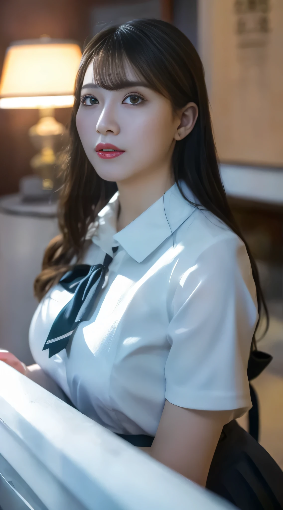8k RAWフォト, Best Quality, masterpiece, Ultra High Resolution, 3d, Realistic, Japanese,One girl, , black_hair, black_Sailor_collar, length_hair, nose, School_Uniform, Seraph, Natural skin texture, Light Brown_eye, detailed eyes and face, lips, lipstick, Beautiful legs, Huge breasts, Beautiful seaside location, (Detailed Background), Plaid skirt, White shirt, ((Very large breasts)), Thick thighs, Blurred Background, Short sleeve