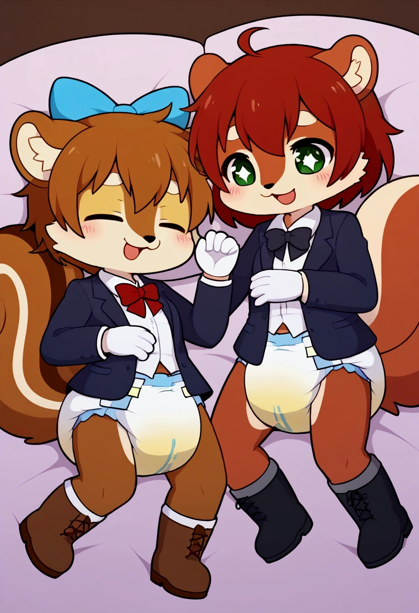 boys, squirrel, furry, bodyfur, tail, collar, bra, bottomless, gloves, boots, chibi, sparkling eyes, penis, testicles, triplets, full body,
love triangle, hug from behind, jumping, jealous, simple background