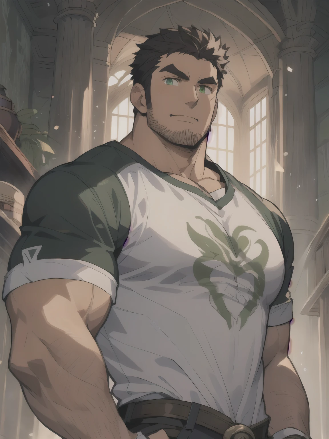 Masterpiece, Best Quality, Ultra-Detailed, 1man, ((hypermasculine:1.0)), solo, male, manly male, rugged, strong, bara, jock, stud, bear, short hair, black hair, green eyes, detailed eyes, very beautiful eyes, wide jaw, a man with a black shirt, short sleeves shirt, dark colors clothes, genshin impact character, (( character concept art )), elsword character, short sleeves shirt, best anime character design, official character art, casimir art, detailed full body concept art, picture of a male, medieval kingdom background