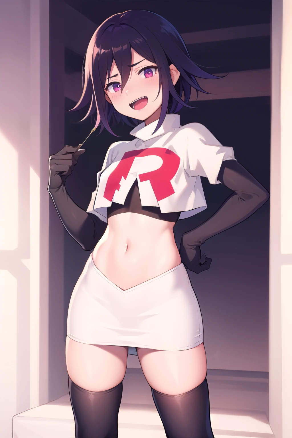 absurdres, cowboy shot, solo, male focus, trap, 1boy, crossdressing,1boy, oma kokichi, team rocket,team rocket uniform,white skirt,red letter R,crop top,black thigh-highs,black elbow gloves, evil laugh, blush