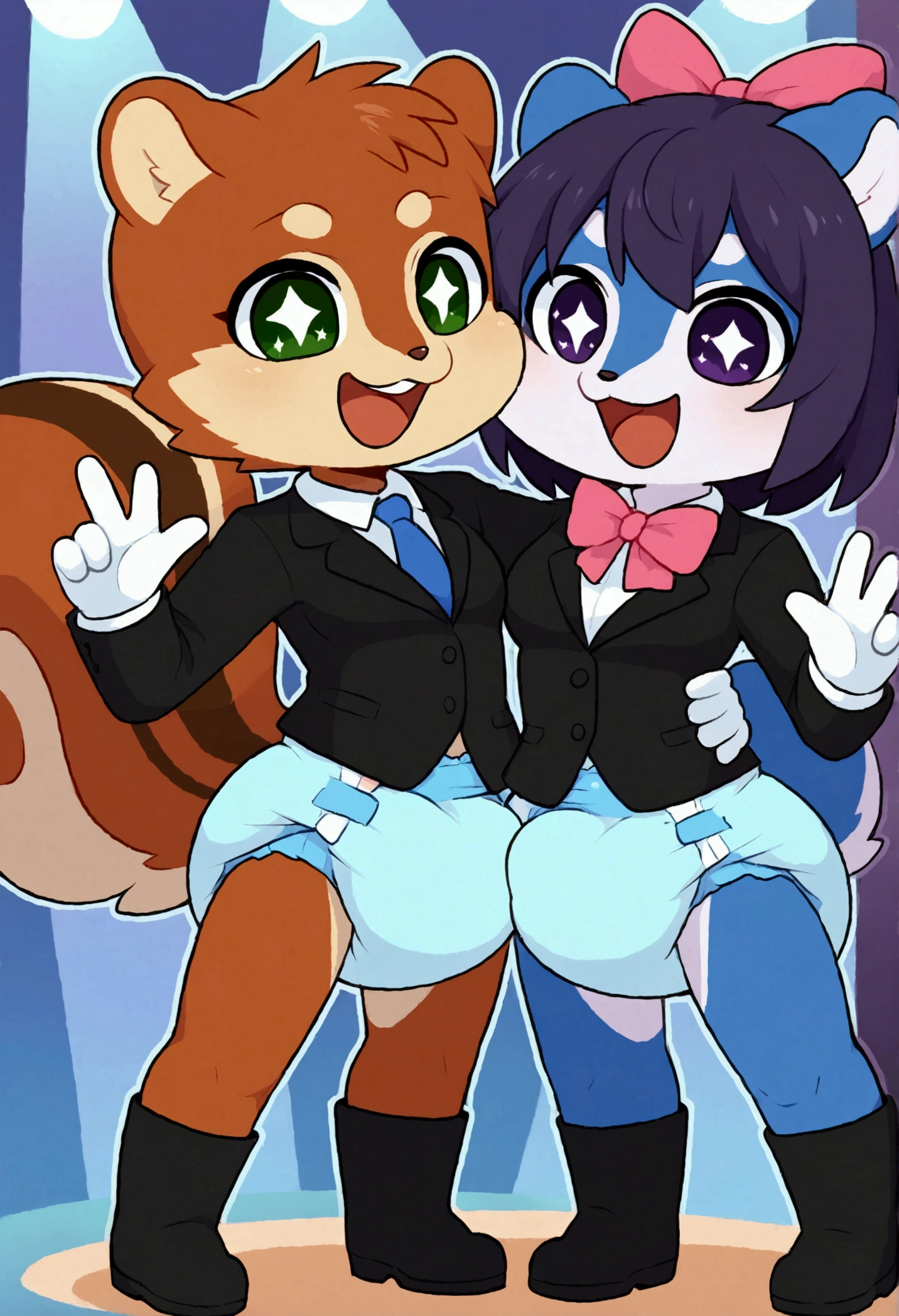 2boys and girl, squirrel, furry, bodyfur, tail, collar, bra, bottomless, gloves, boots, chibi, sparkling eyes, idol, hair bow, happy, full body, penis, testicles, some perfect pussy, heart shaped pupils, hug