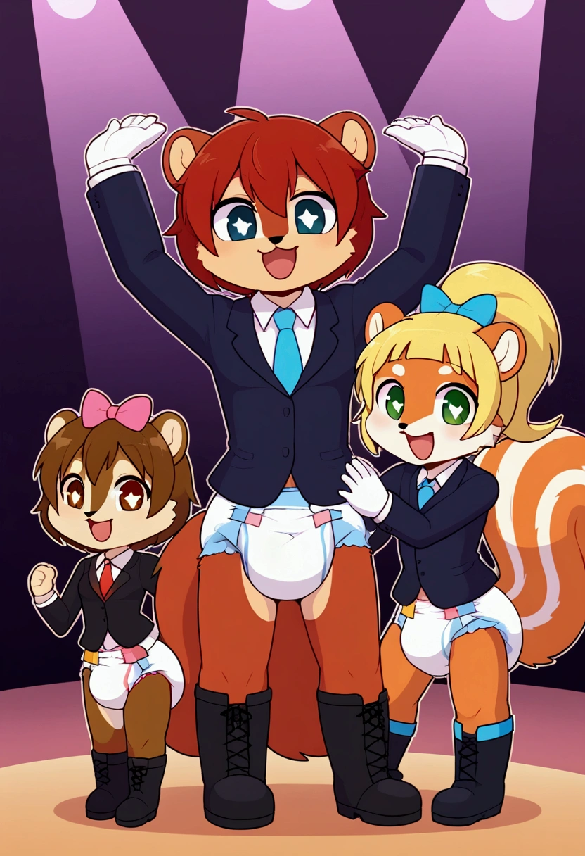 boy and girl, squirrel, furry, bodyfur, tail, collar, bra, bottomless, gloves, boots, chibi, sparkling eyes, idol, hair bow, happy, full body, penis, testicles, some perfect pussy, singing, dancing, from below, peeing