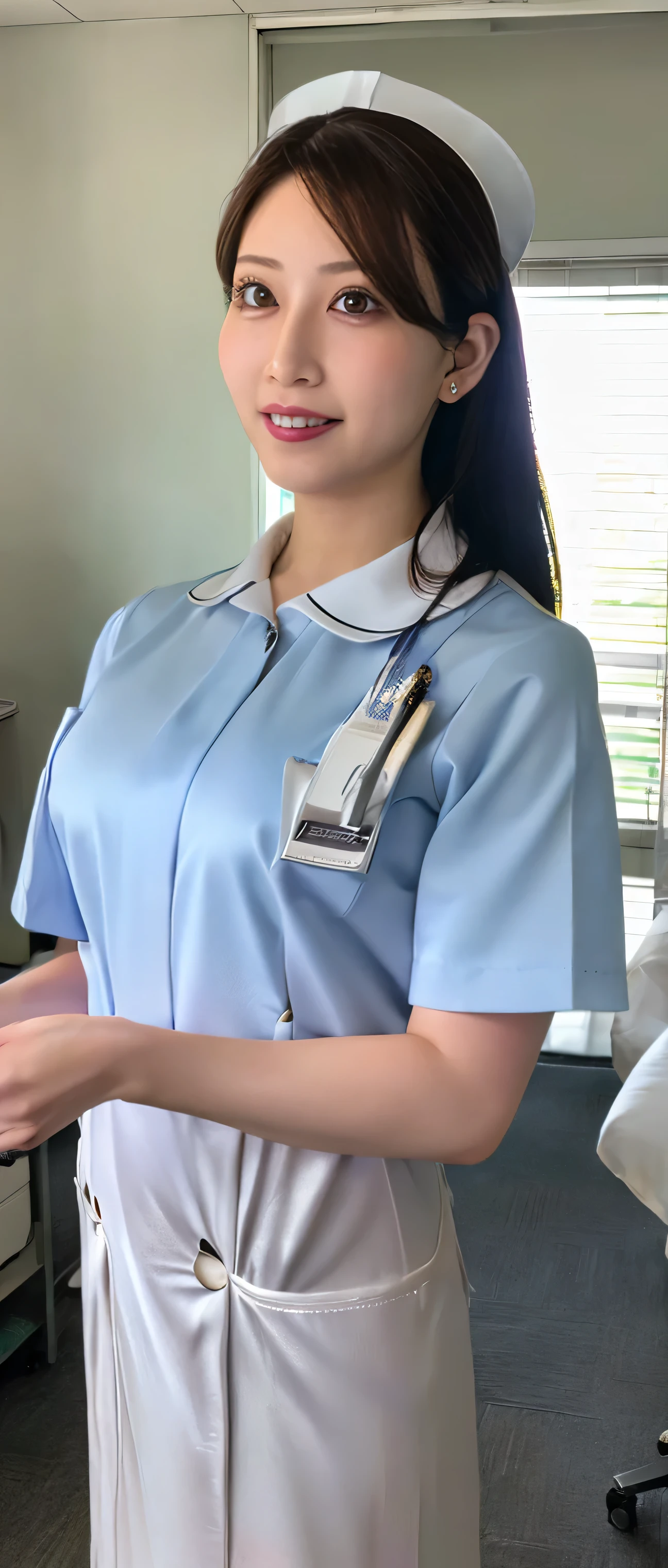 1 girl,(Wearing white nurse clothes:1.2),(RAW Photos, Please redeem), (Realistic, photo-Realistic:1.4), masterpiece, Very delicate and beautiful, Very detailed, 2k wallpaper, wonderful, finely, Very detailed CG unity 8k wallpaper, Very detailed, High resolution, Soft light, Beautiful detailed girl, Very detailed eyes and face, Beautifully detailed nose, finely beautiful eyes, nurse, Perfect Anatomy, Black Hair, Upstyle, nurse uniform, Long skirt, nurse, Tight white costume, thin, hospital, Clear, White uniform, hospital room, Neck auscultation,Bobcut