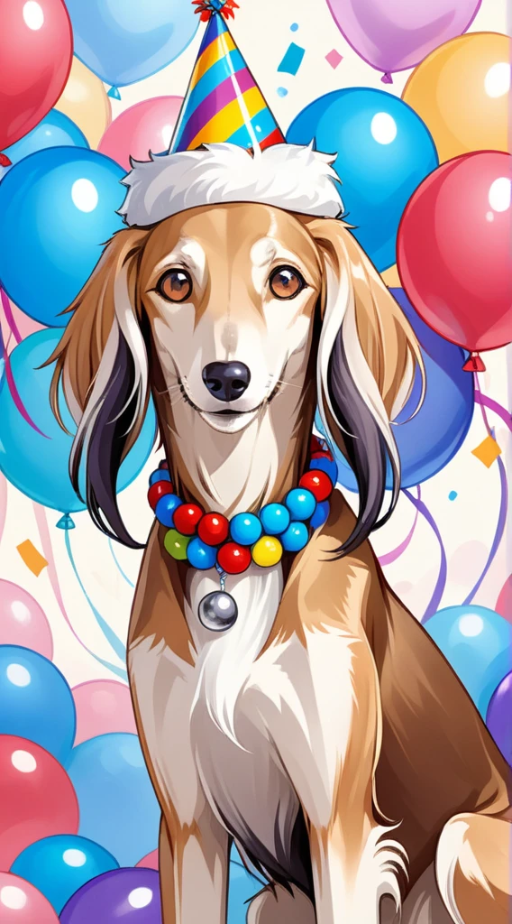 anime style, A strikingly majestic Happy Birthday Saluki wearing a Birthday hat and fake color beads with balloons in the background, its fur exhibiting a stunning blend of colors, reminiscent of the intricate strokes of a master painter
