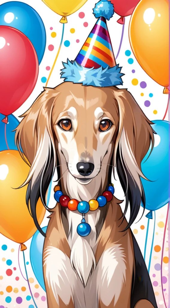 anime style, A strikingly majestic Happy Birthday Saluki wearing a Birthday hat and fake color beads with balloons in the background, its fur exhibiting a stunning blend of colors, reminiscent of the intricate strokes of a master painter
